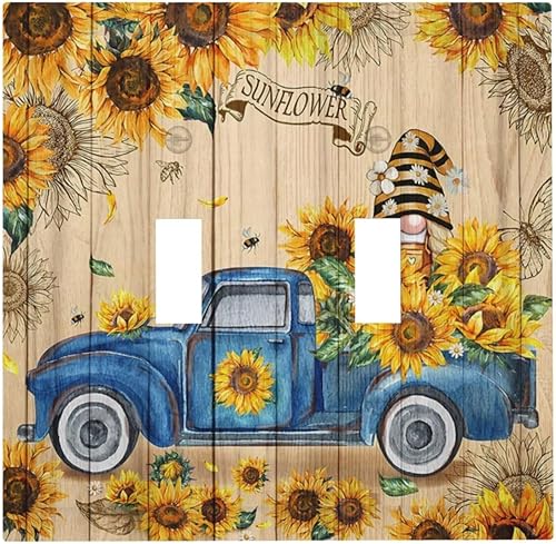 Cubiertas de interruptor de luz de palanca doble de madera rústica, vintage, girasol, azul, camión, gnomo, decorativo, amarillo, floral y automóvil,