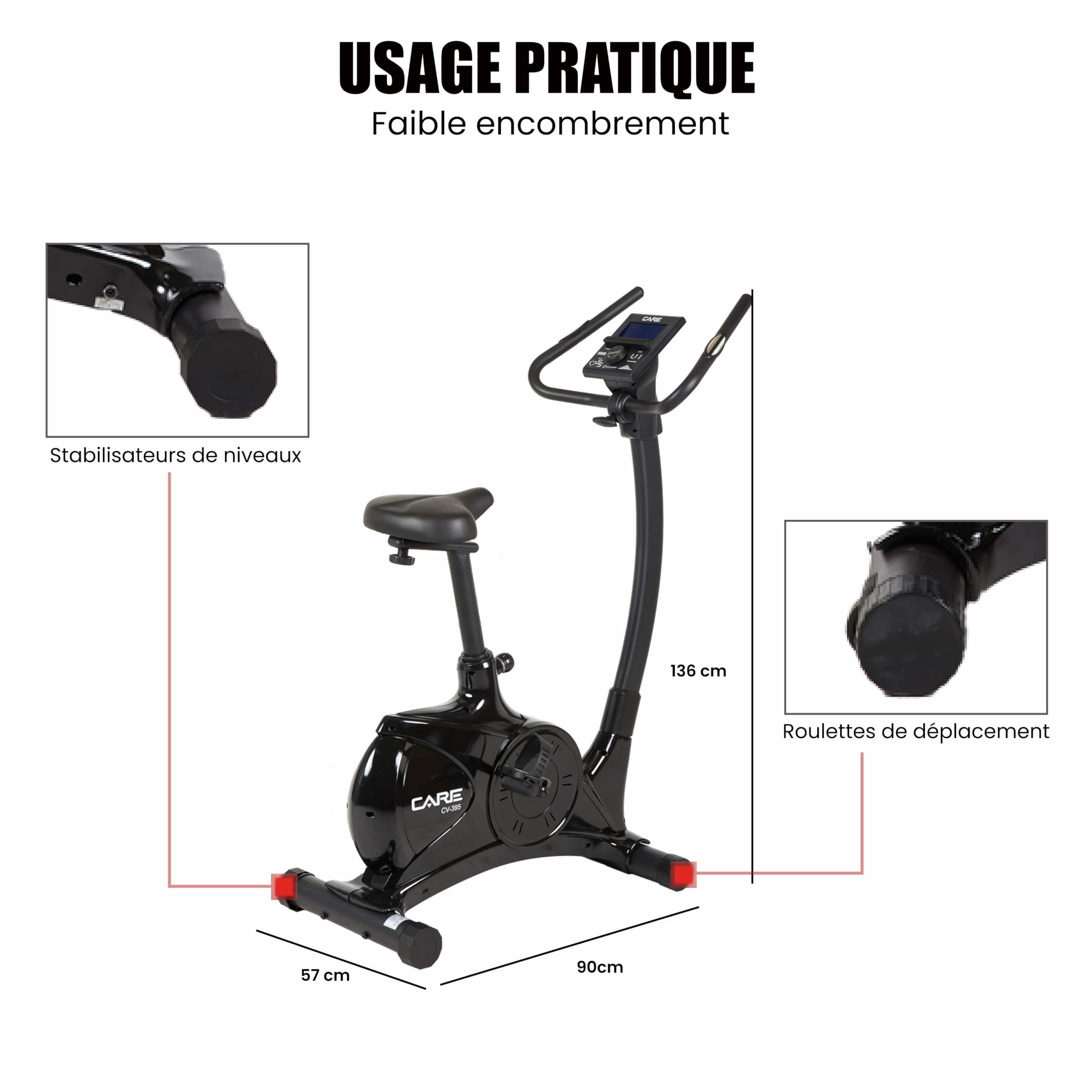 Care Fitness - Vélo d'Appartement Motorisé CV-395 - Vélo Droit 24 Programmes d'Entraînement - Masse d'Inertie 12kg - Résistances Magnétique Motorisée - Connectivité Application Mobile/Kinomap