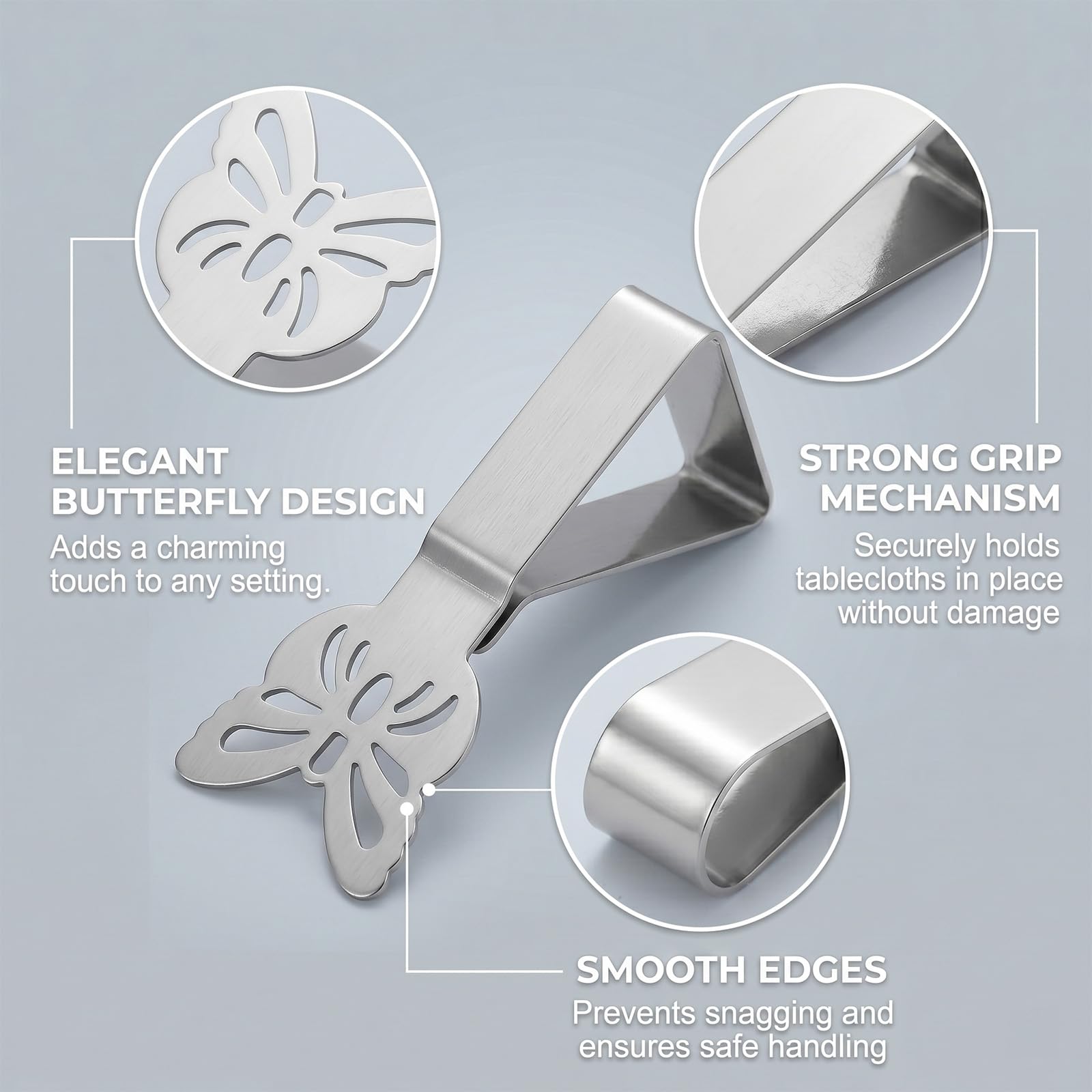 10 Pinzas Sujeta Manteles de Mesa en Acero Inoxidable, Clips para Manteles con Diseño de Mariposa, Sujeta Manteles Exterior e Interior Ideal para Jardín, Picnic, Bodas y Fiestas