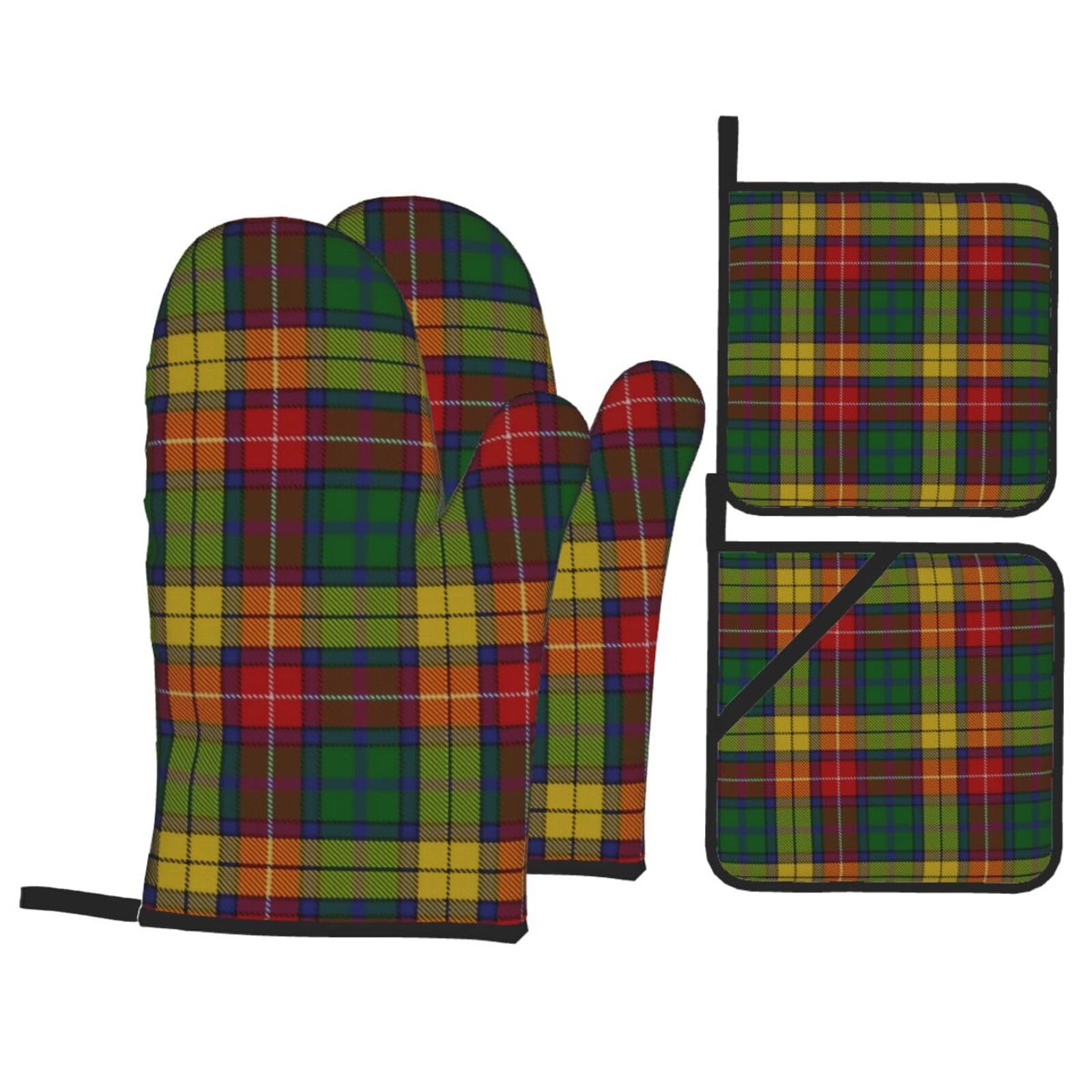 Old Scotsman Clan Buchanan Tartan Plaid Kitchen Four Piece Set Including Gloves and Pot Rack