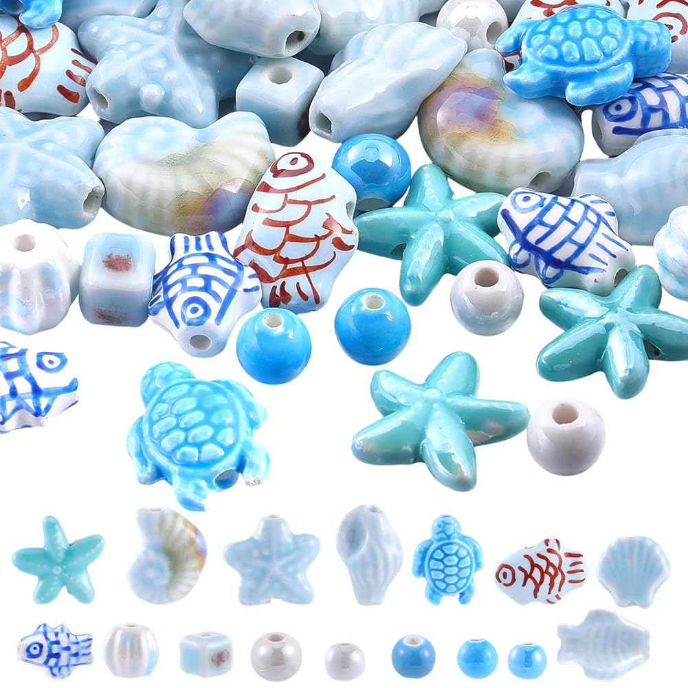 Perles en céramique azur et coquillages finement façonnés pour colliers et bracelets d'été