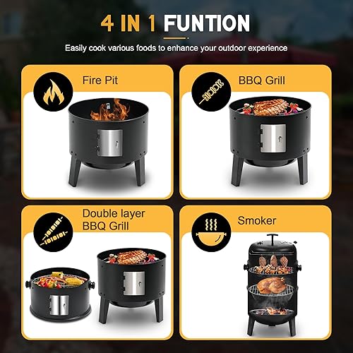 Miniatura 5 de MASTER COOK Ahumador de carbón de 16 pulgadas, parrilla vertical para barbacoa, hoguera 4 en 1 resistente con termómetro integrado y sistema de
