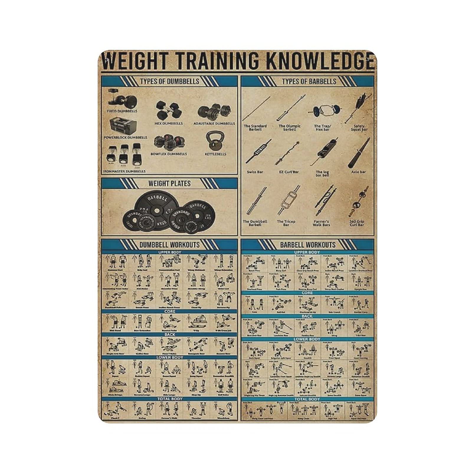 Metal Tin Sign Weight Training Knowledge Vintage Tin Poster Metal Sign Wall Decoration Country Kitchen Home Garage Decor 16"x12"