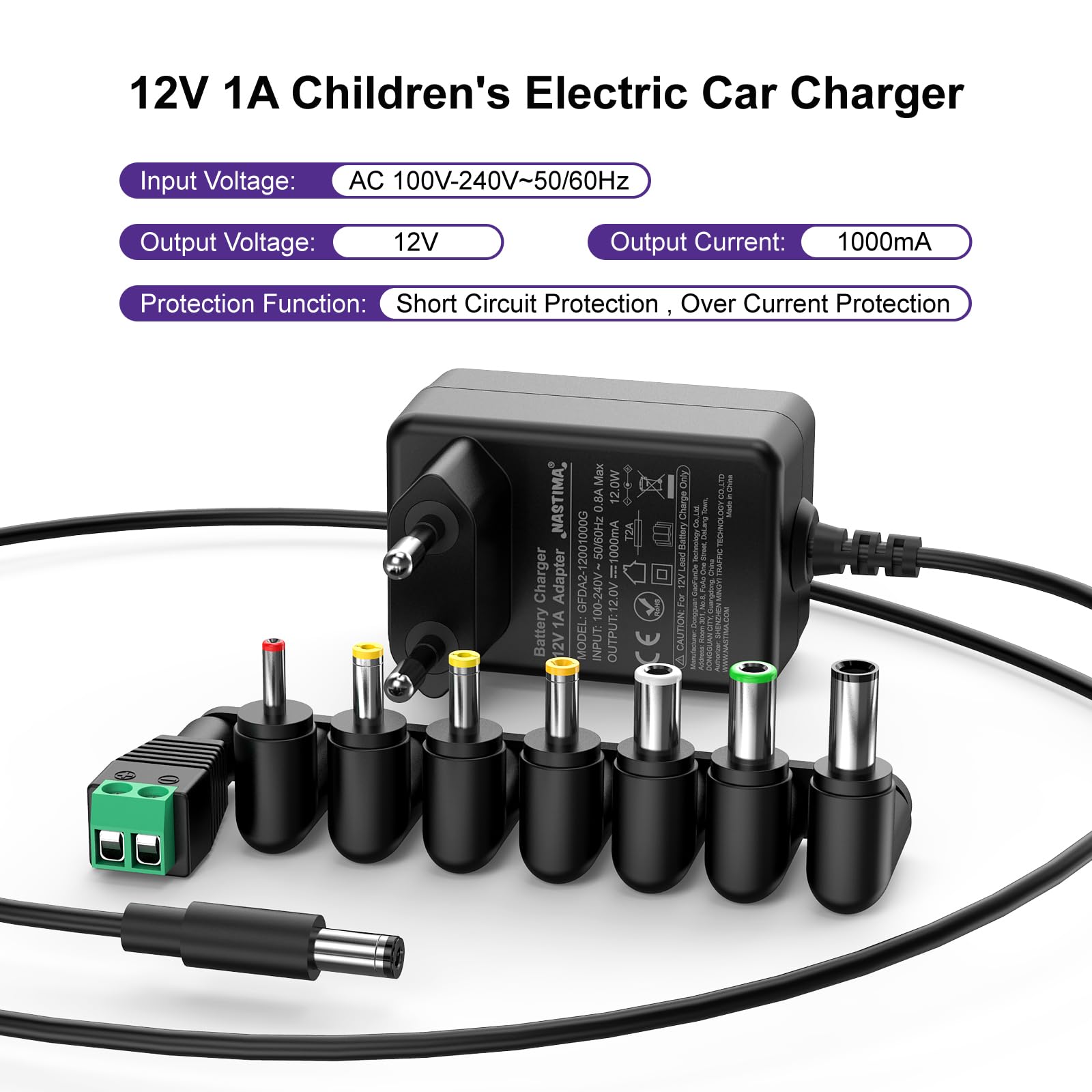 NASTIMA Elektryczna ładowarka samochodowa 12 V 1A dla dzieci, samochód elektryczny dla dzieci, SUV ATV, motocykl itp., uniwersalna ładowarka 12 V ze wskaźnikiem świetlnym, wyposażona w 8 rodzajów