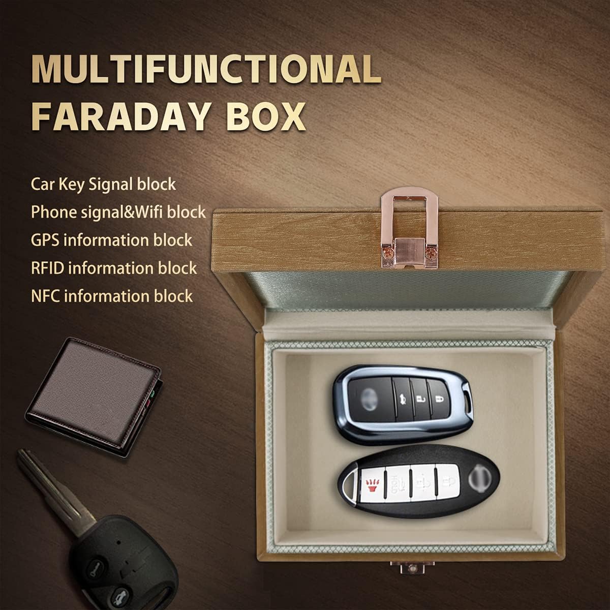 Faraday Box, Faraday Key Fob Protector, Faraday Cage, Key Fob Signal Blocker Box (Mini Imitation Wood)