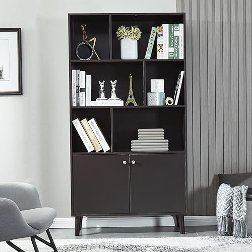 Miniatura 3 de Estantería moderna con 2 puertas, organizador de estante para exhibición, biblioteca de madera con 6 gabinetes de almacenamiento para oficina en