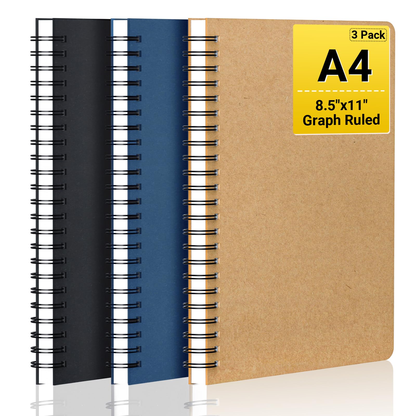 EUSOAR Lot de 3 carnets graphiques à spirales, format A4, 21,6 x 27,9 cm, 120 pages, couverture rigide, papier quadrillé à spirale, composition pour mathématiques, sciences, ingénierie, dessin,