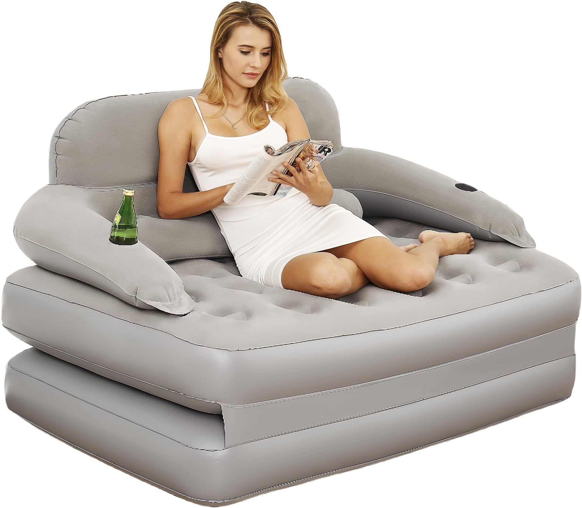JEASONG Vinyl Inflatable Chair Air Couch with Air Pump, Camping Air Mattress Blow Up Inflatable Sofa Bed with Backrest, Multi-Mode Use, Easy to Storage, Queen