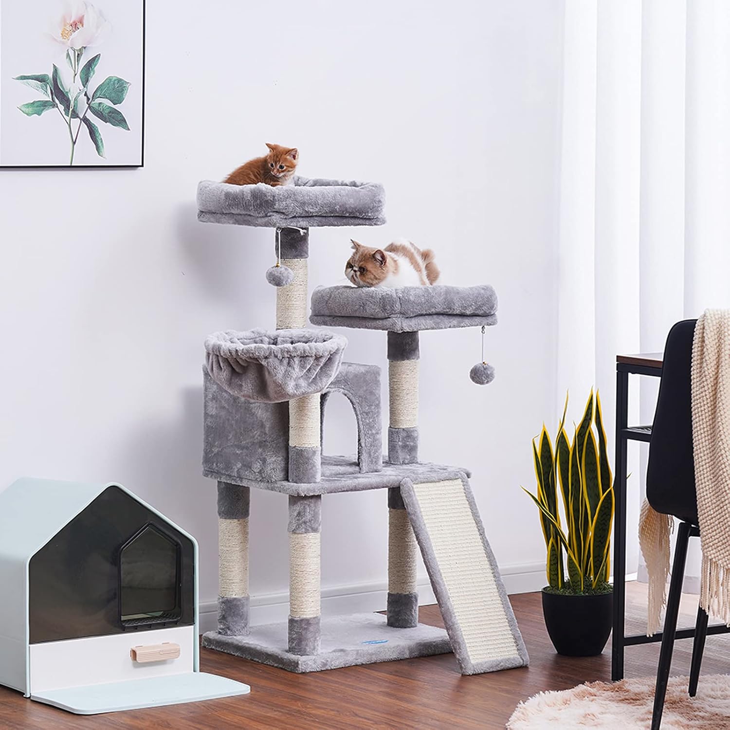 Hey-brother Cat Tree, Cat Tower with Scratching Board,Multi-Level Cat Condo with Basket,Light Grey MPJ009W : Pet Supplies
