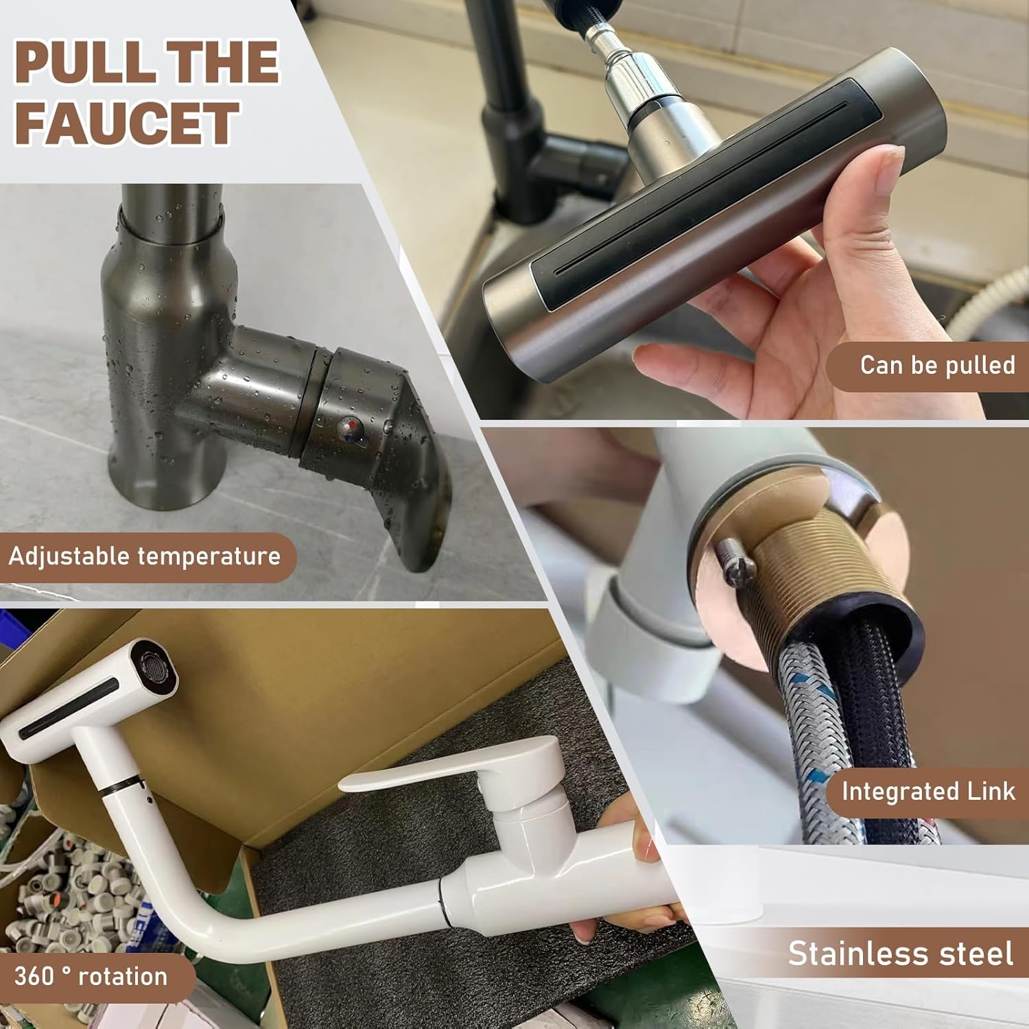 Modern Pull Out Waterfall Kitchen Faucet with 4 Water Outlet Modes Hot & Cold Dual Use Single Hole Design Ideal for RV & Bar Utility (Silver)