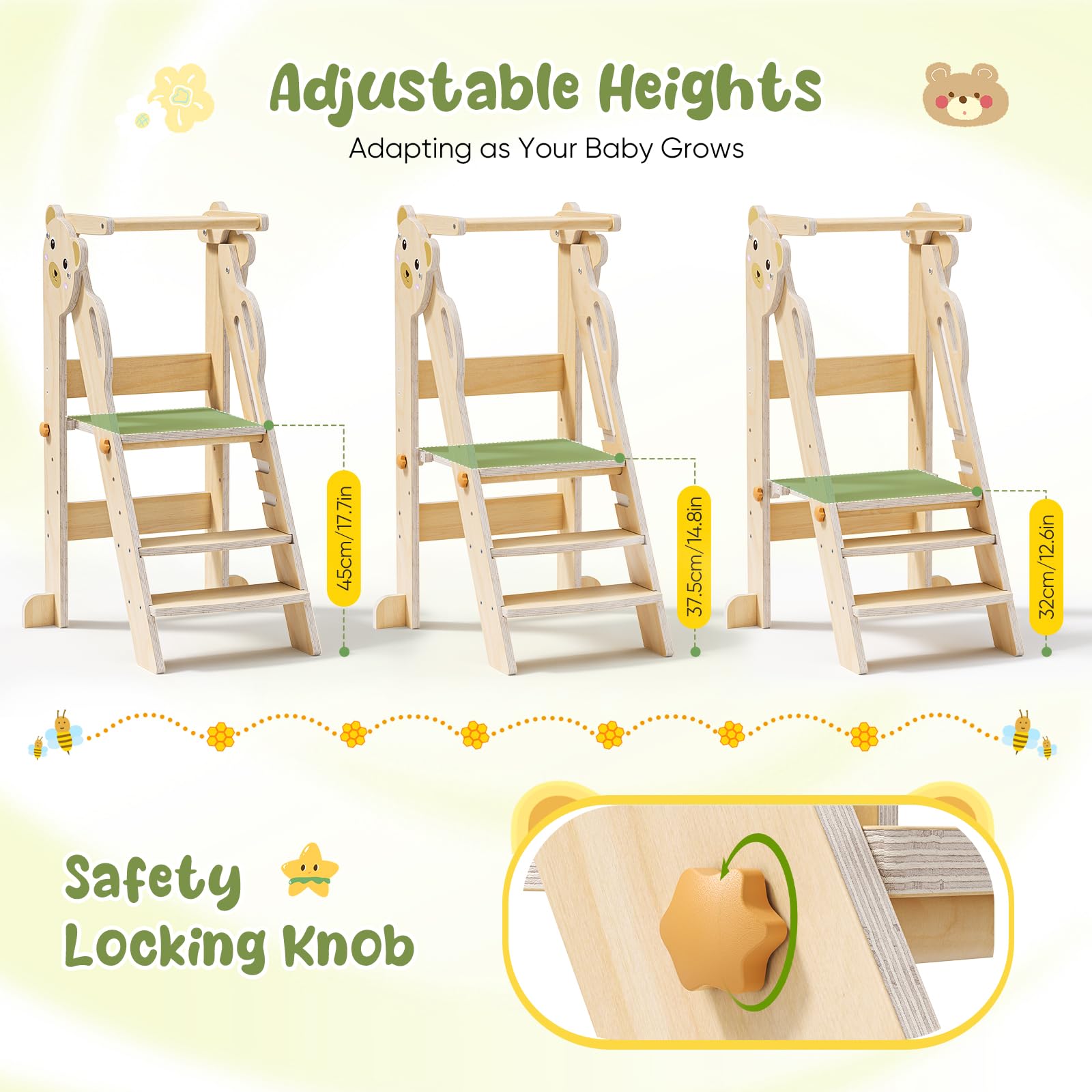 Helangel Torre montessoriana pieghevole per bambini,Montessori Learning Tower Rregolabile in Altezza di età superiore18 mesi bambini per Montessori Learning Cucina in legno naturale(legno aggiornato)