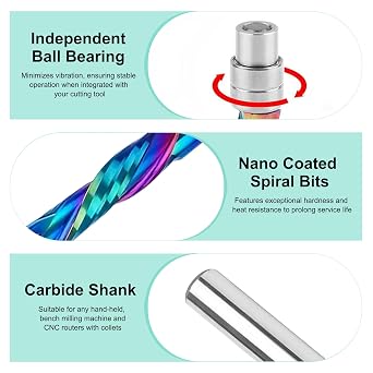 Compression Router Bit 1/4 Inch Shank, Spiral Flush Trim Router Bits Solid Carbide with Nano Colored Coated Pattern Template Bits for Woodwork Trimming, 1-1/8 Inch Cutting Length