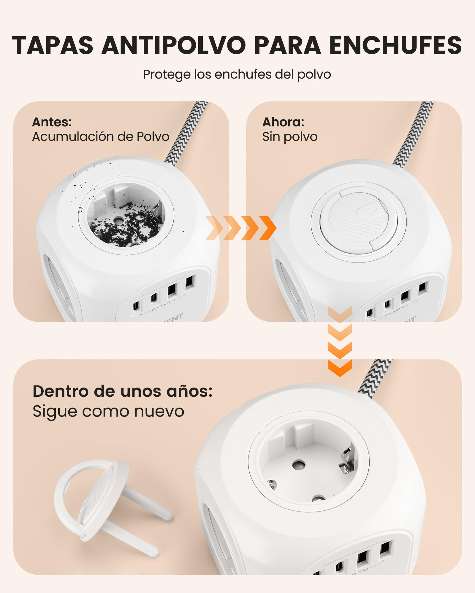 LENCENT Cubo Regleta Enchufes 2M con Enchufe Plano Regleta para Uso Interior, Regleta Enchufes Plano con 4 Tomas de CA, 3 USB, 1 Tipo C y 2 Cubiertas Protectoras para Familia, Cocina y Oficina