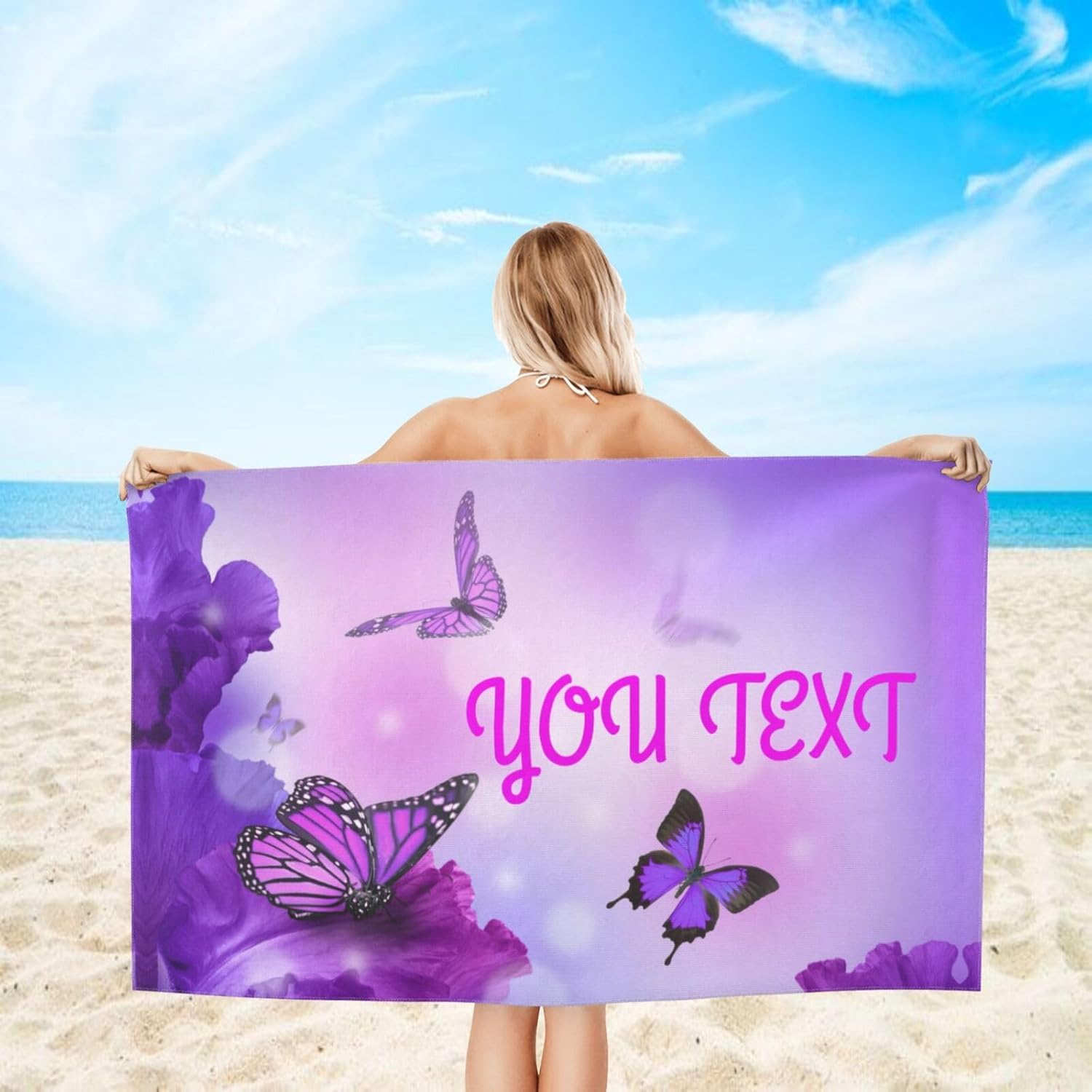 Custom Purple Butterfly Beach Towel Personalized Beach Towels with Name Text Customized Microfiber Beach Towels Quick Dry Pool Towels for Men Women Kids Girls Boys Adults