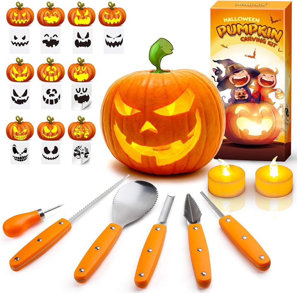 Halloween Pumpkin Carving Kit, 6 Pieces Heavy Duty Professional Stainless Steel Carving Tools Set for Halloween Decorations, Included 2 LED Candles & 10 Carving Stencils, Easily Sculpting Orange