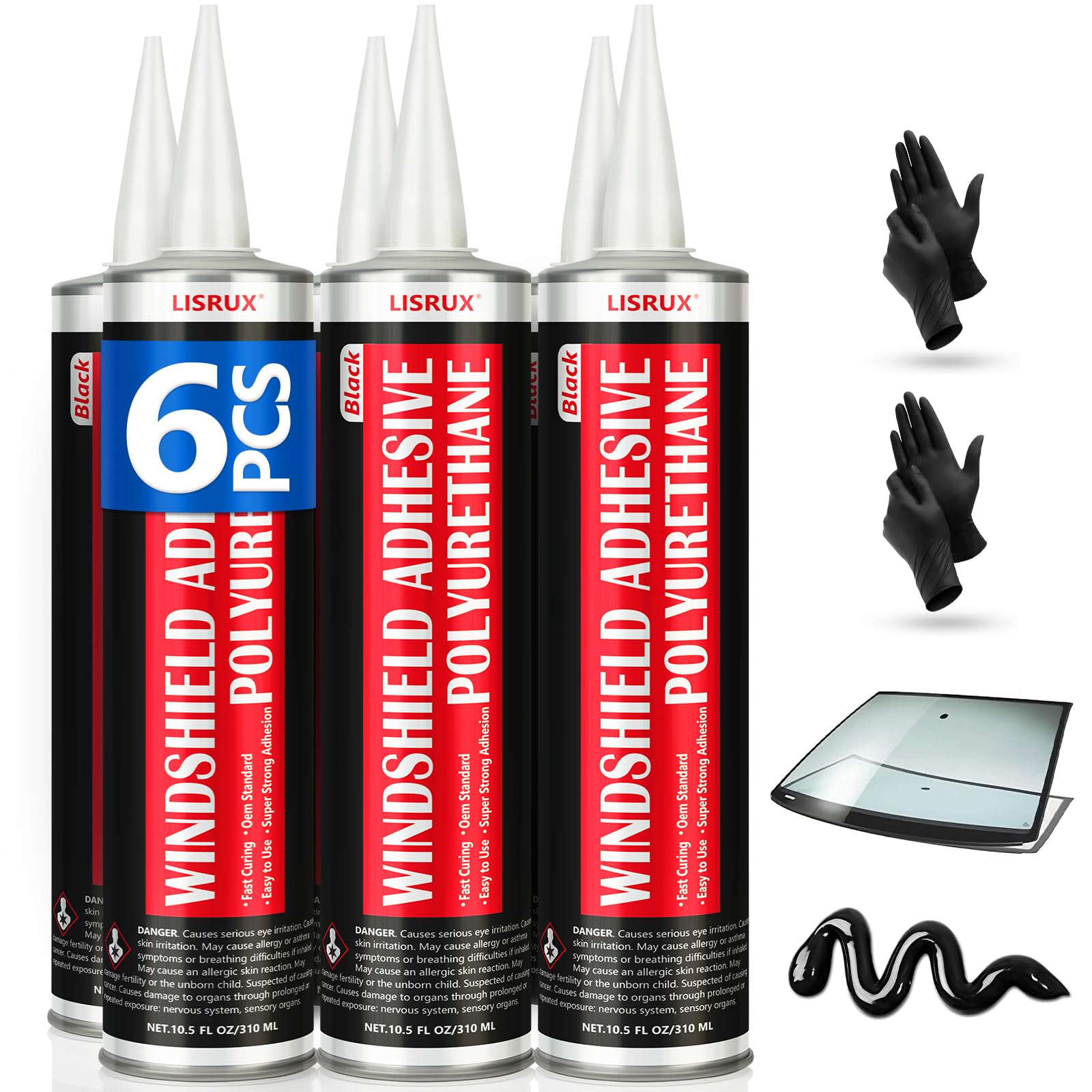 Photo 1 of [6 Pack] Polyurethane Windshield Adhesive, Windshield Sealant Black - High Bond Strength, Quick Curing & Weather Resistant Automotive Glass Glue for Vertical & Overhead Application, 310ml