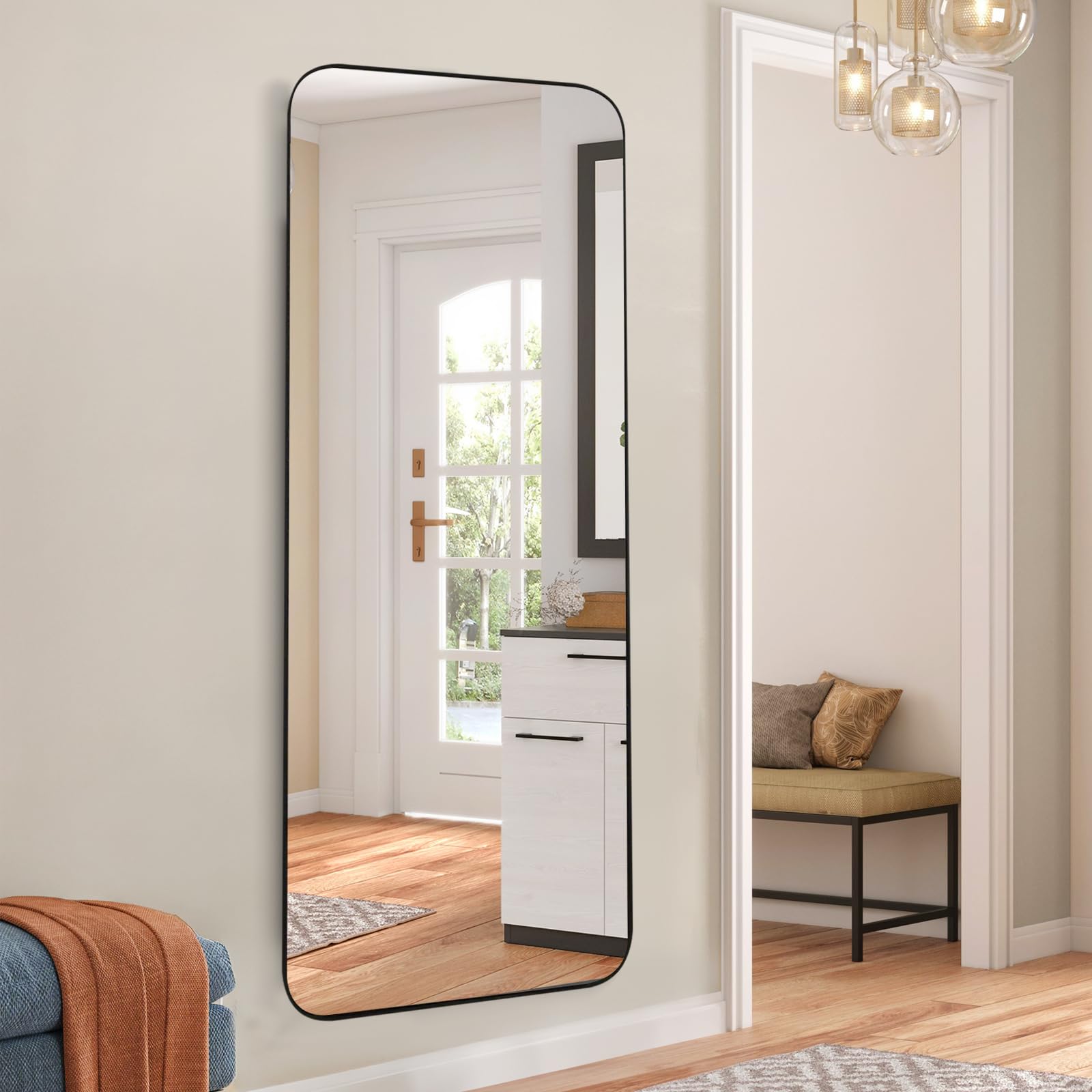 Standspiegel Ganzkörperspiegel, 140L x 40B cm, schwarzes Design mit abgerundeten Ecken, Wandspiegel mit Aluminiumrahmen, Bodenspiegel mit modernem Design, Anlehnen oder Freie Platzierung