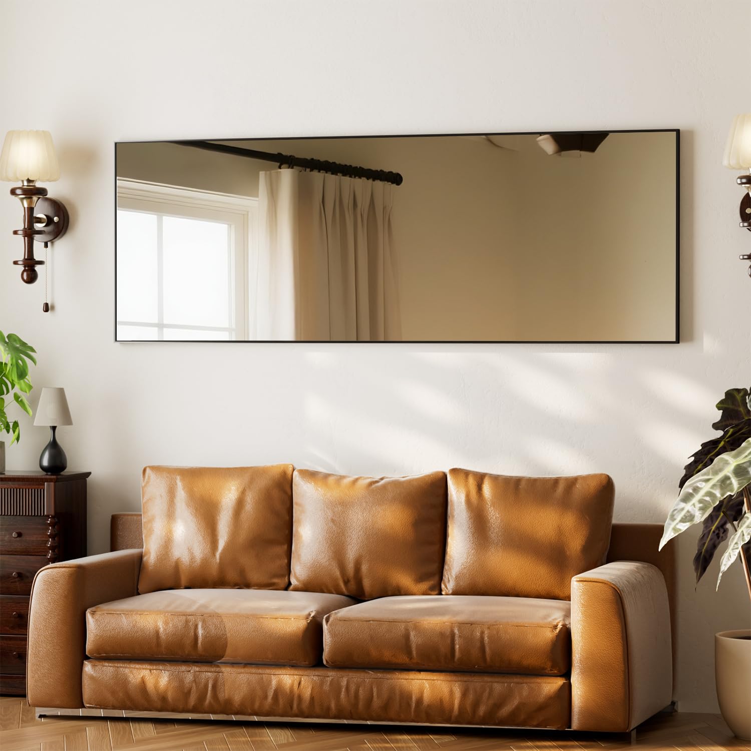 Koonmi Espejo de cuerpo entero, Espejo de pared de 41x127cm con 2 ganchos colgantes ajustables en altura, Espejo colgante con marco de aleación de aluminio para vestidor y dormitorio, Negro