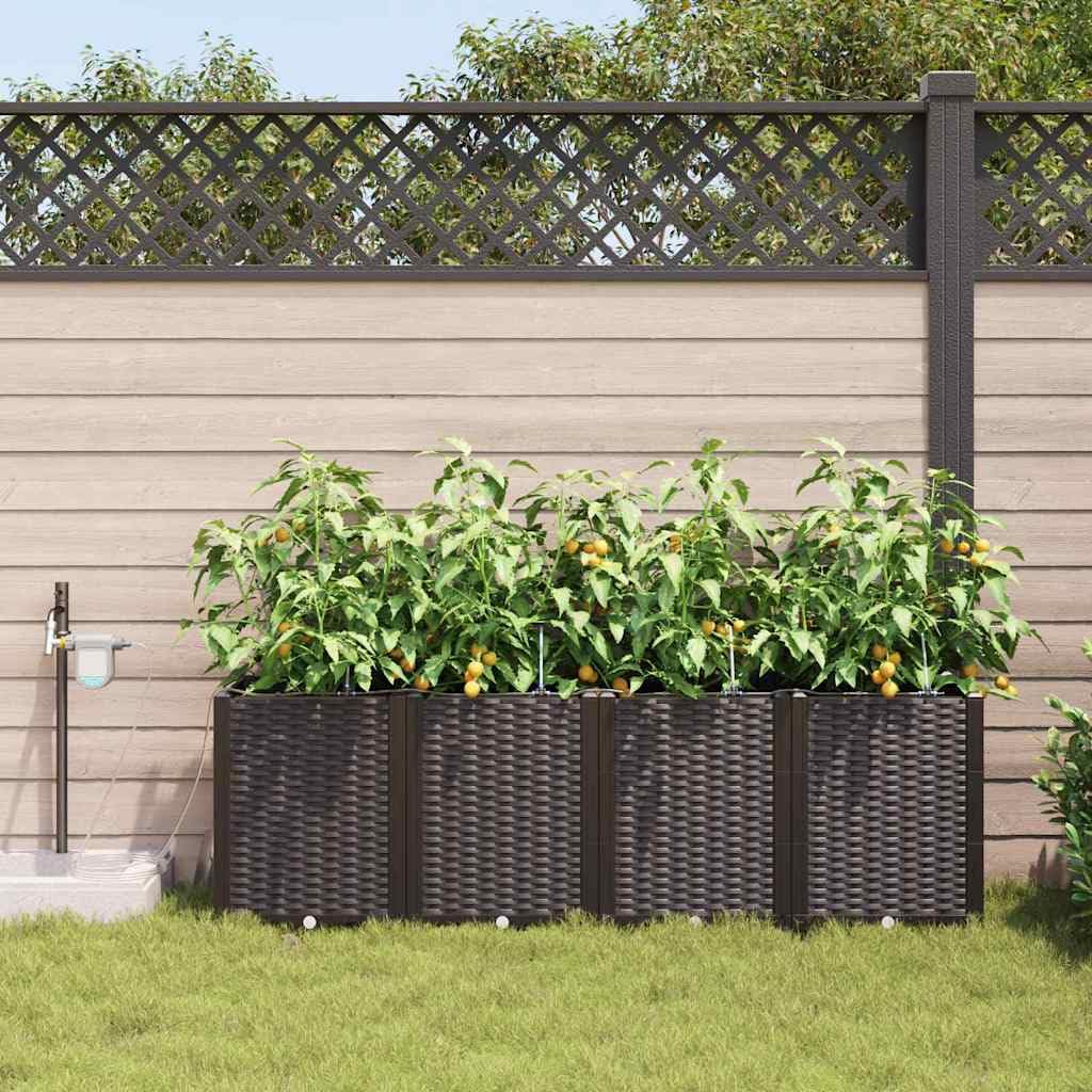 Lot de 4 pots de fleurs de jardin avec système d'auto-irrigation, pot de fleurs en plastique marron pour l'extérieur, design moderne pour terrasse et jardin, jardinière pratique
