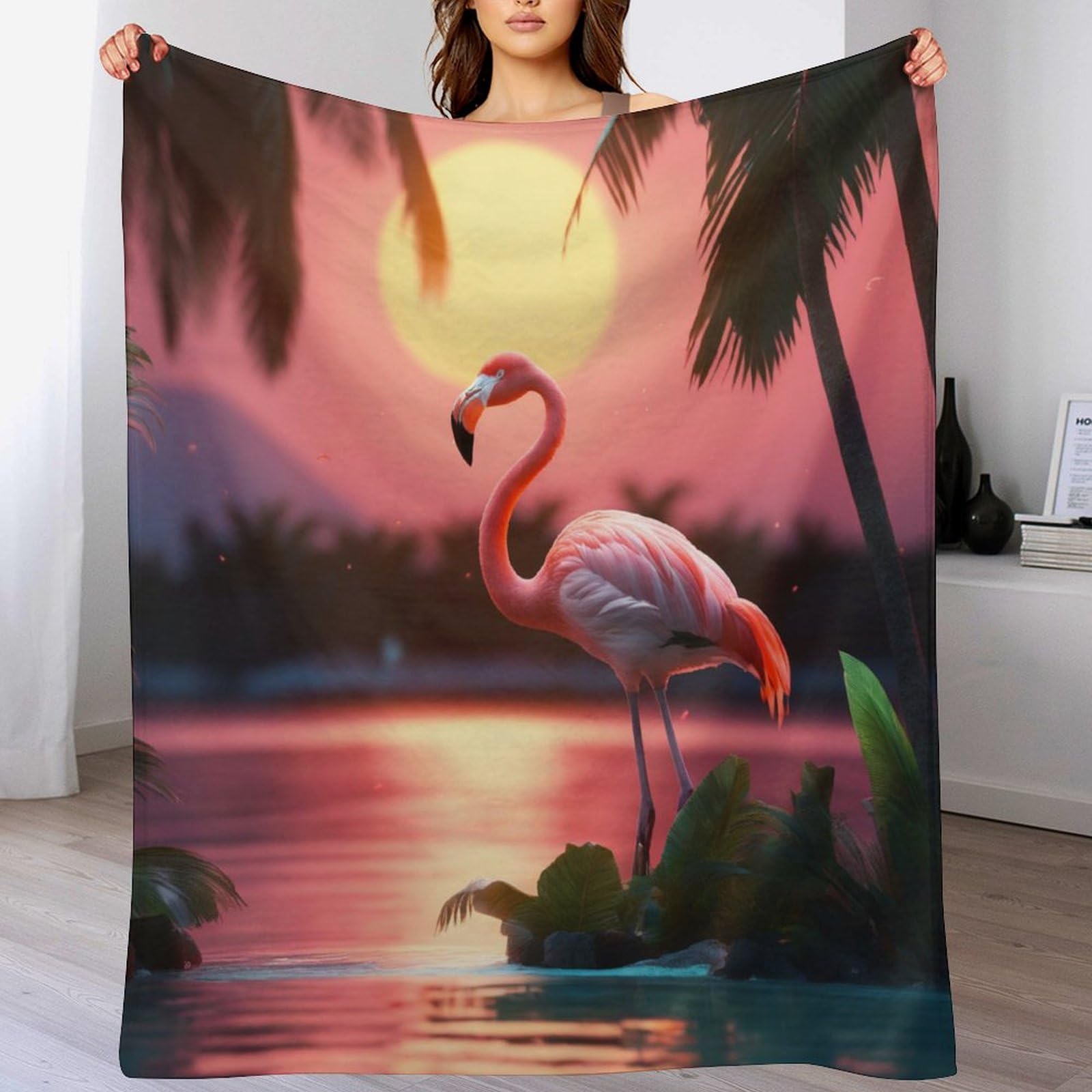 Couverture plaid flamant rose en flanelle chaude et douce pour lit deux places de 180x200cm