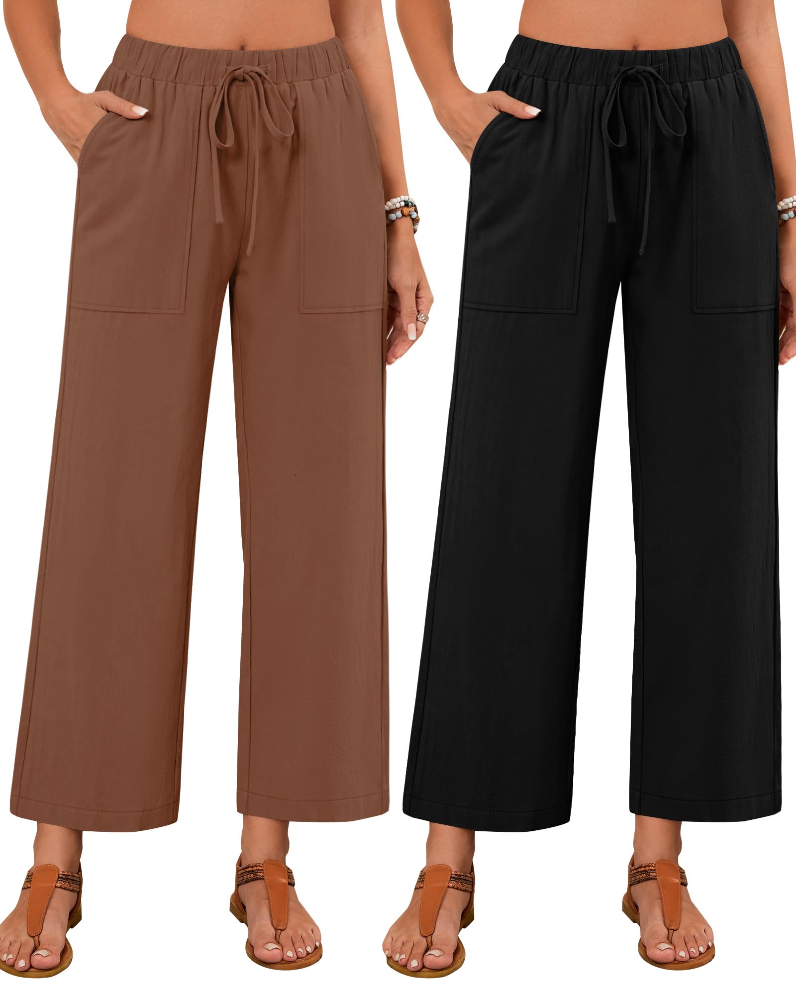 Neer 2 Pack Women’s Linen Pants with Pocket, Casual Summer Drawstring Beach Pants High Waisted Wide Leg Loose Palazzo Trouser