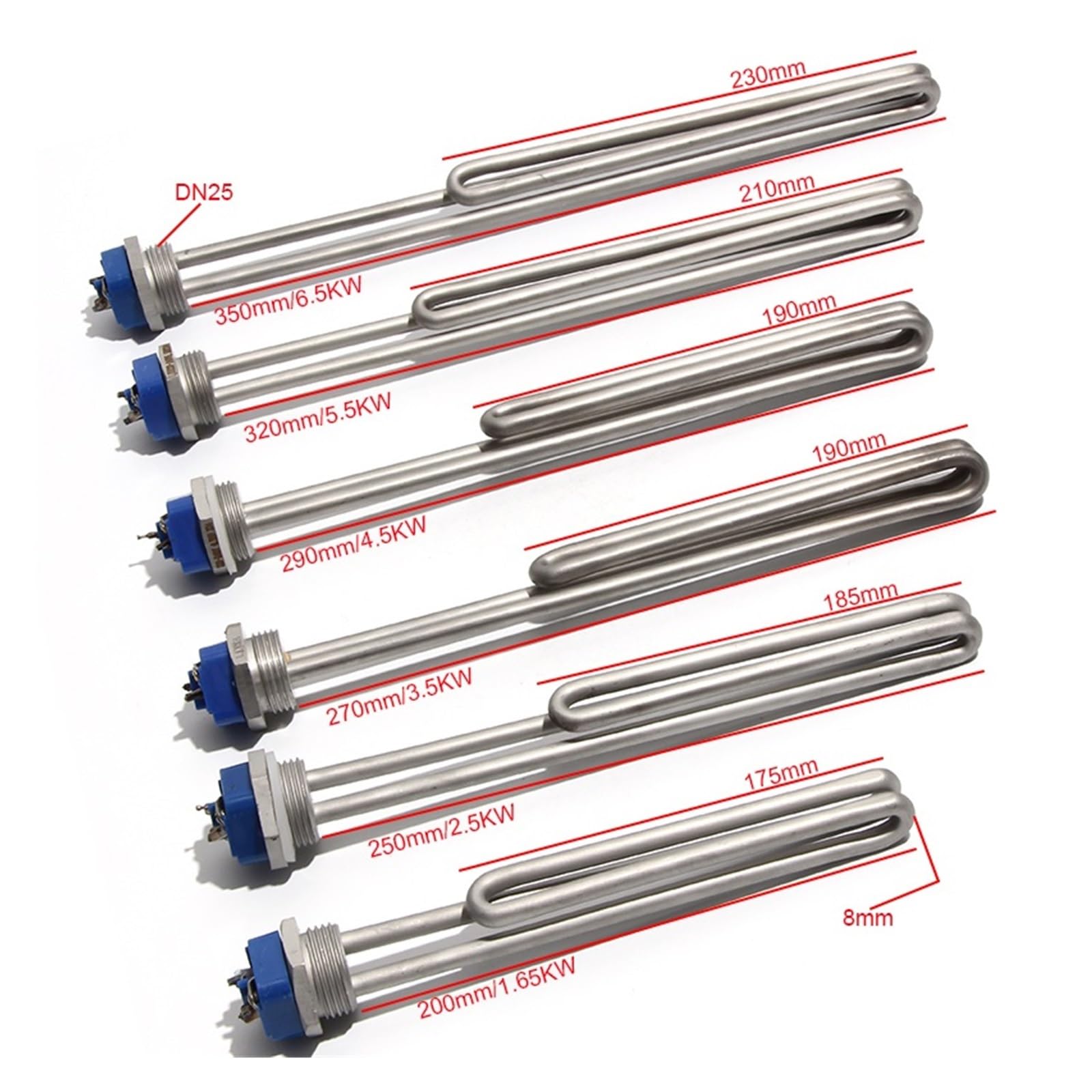 SSIMOO Elemento Calentador de Agua de inmersión, Rosca de 380V/120V/220~240V DN25 1 "BSP 32mm, Todo Acero Inoxidable 304, Baja Densidad de vatios Kindly (Size : 2-380V, Color : 6.5KW 350mm)