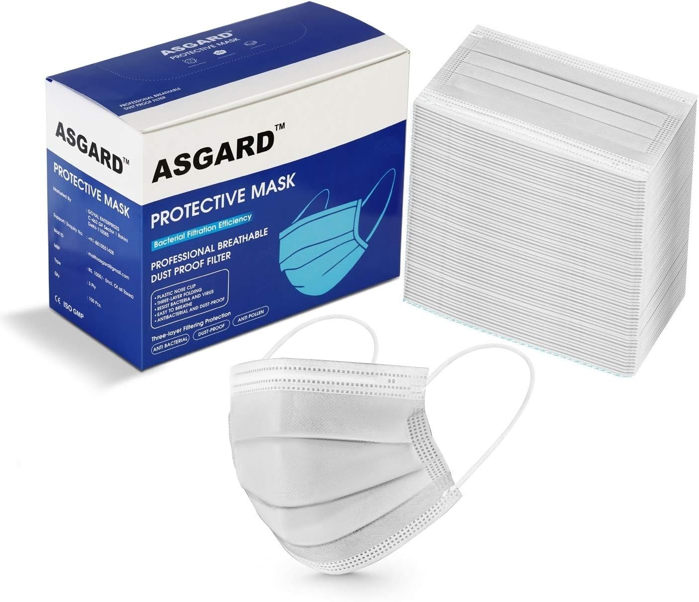 ASGARD Nonwoven Fabric Disposable Multilayer Protective Mask (White, Pack of 100) for Unisex