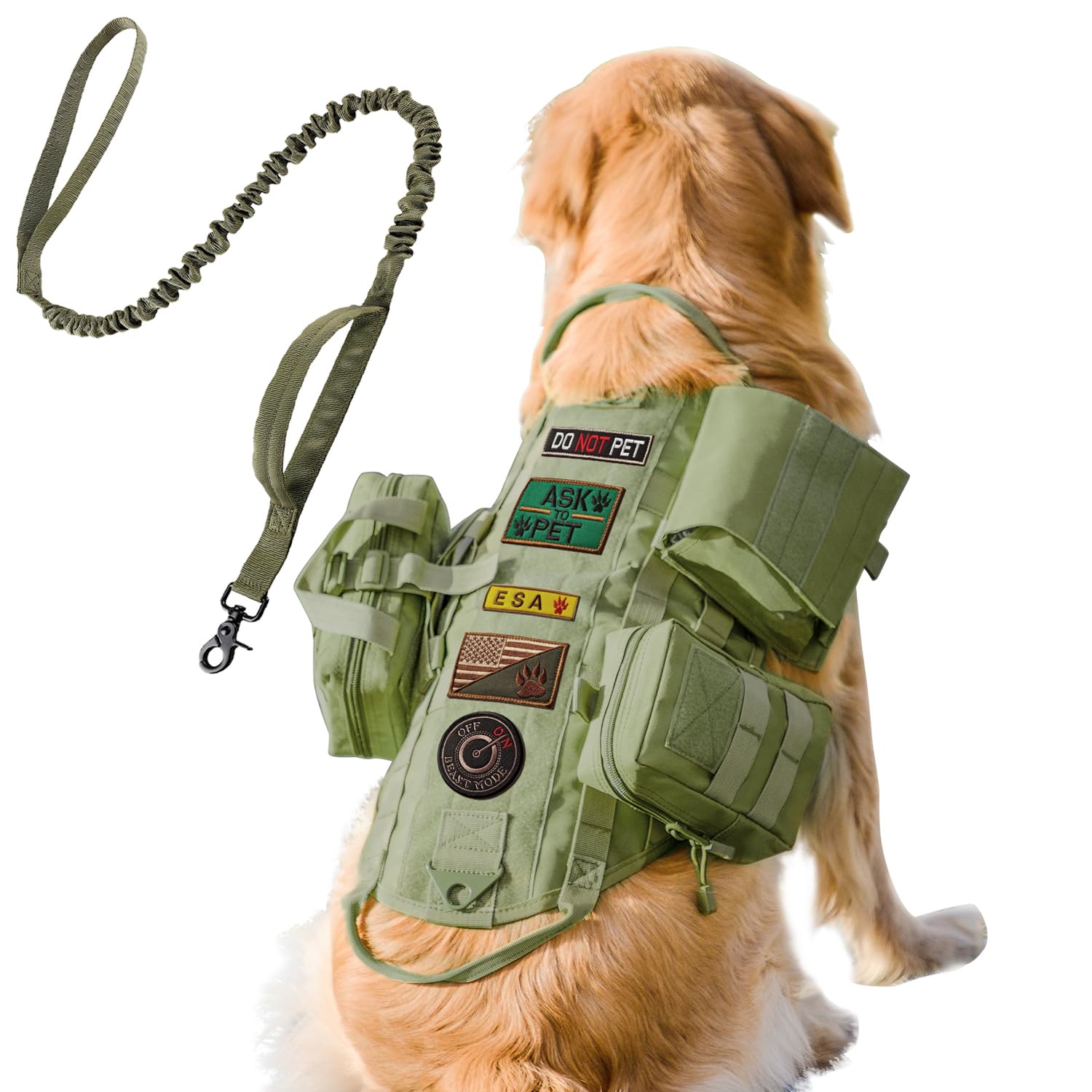 AIWAI Taktisches Geschirr mit Taschen, Westengeschirr für große und mittelgroße Hunde, verstellbares Militärgeschirr mit Griff für Spaziergänge, Wandern, Training (Armeegrün (mit Leine), M