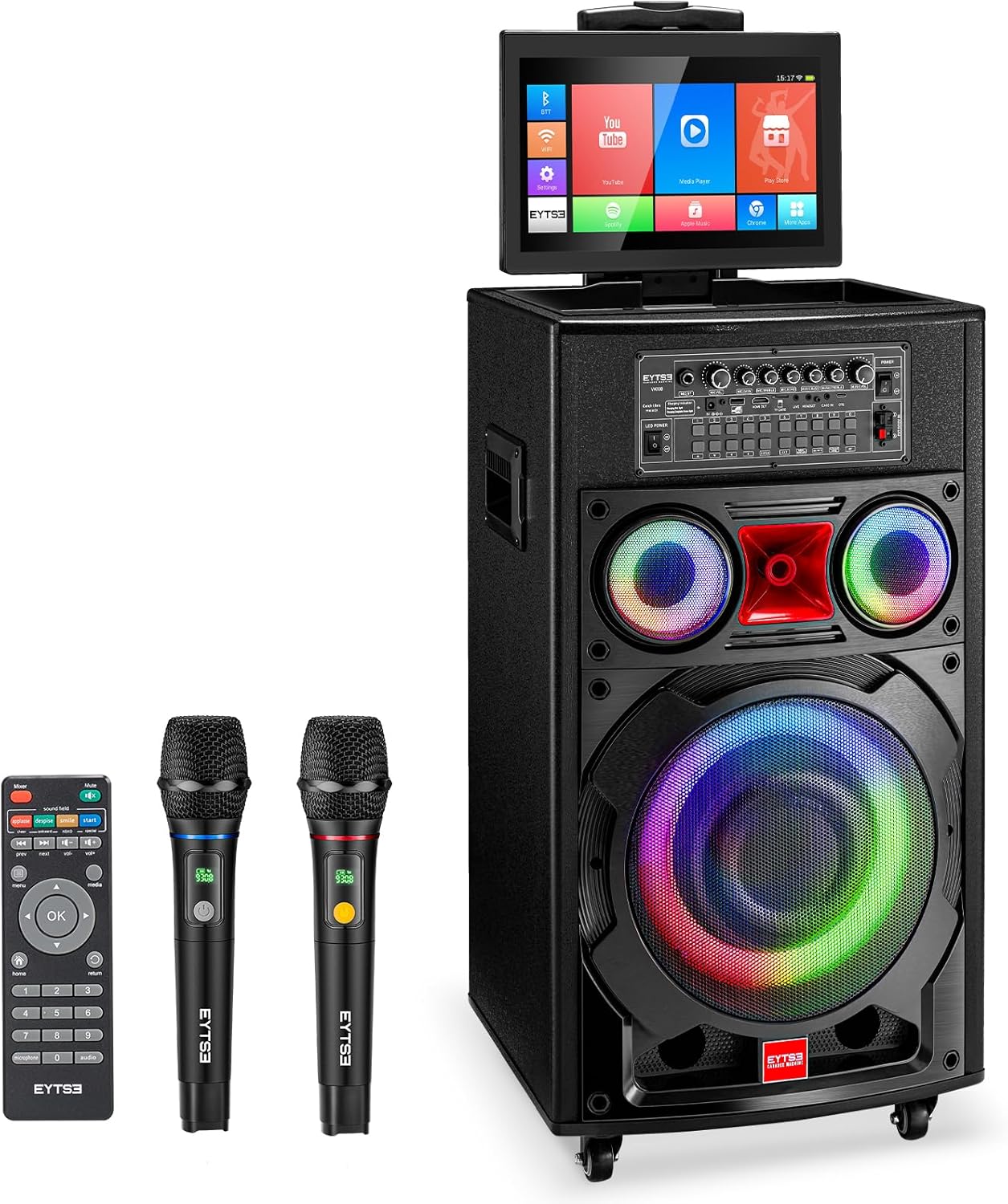 EYTSE VK100 Karaoke Machine with screen, two wireless microphones, and remote control