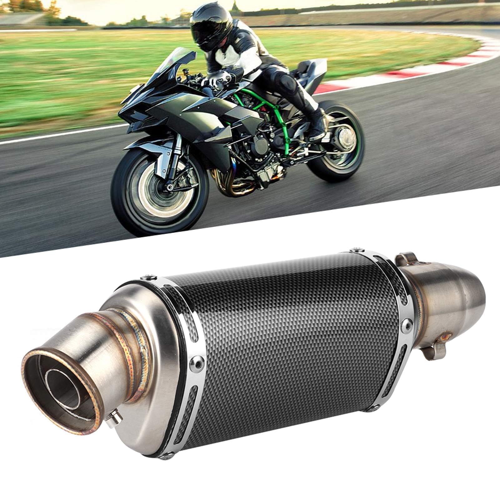 Tuyau de Moto, Yctze 51mm 2in Tuyau D'échappement Court Universel Modifié en Fibre de Carbone Style Moto Scooter Rue Vélo Silencieux
