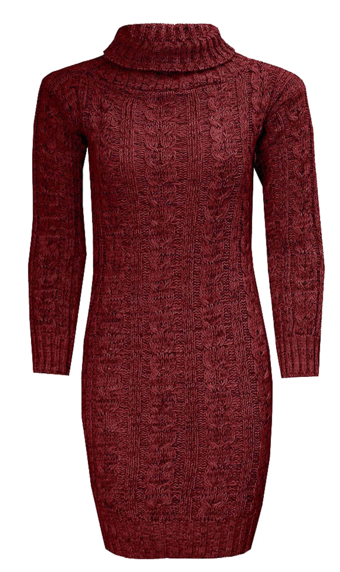 Wickedfashions123 Women's Wine Polo Neck Cable Knitted Dress Winter Wear Long Sleeve Chunky Knit Midi Evening Dress Long Sleeve Polo Roll Neck Stretch Jumper Dress ( Uk 12-14)