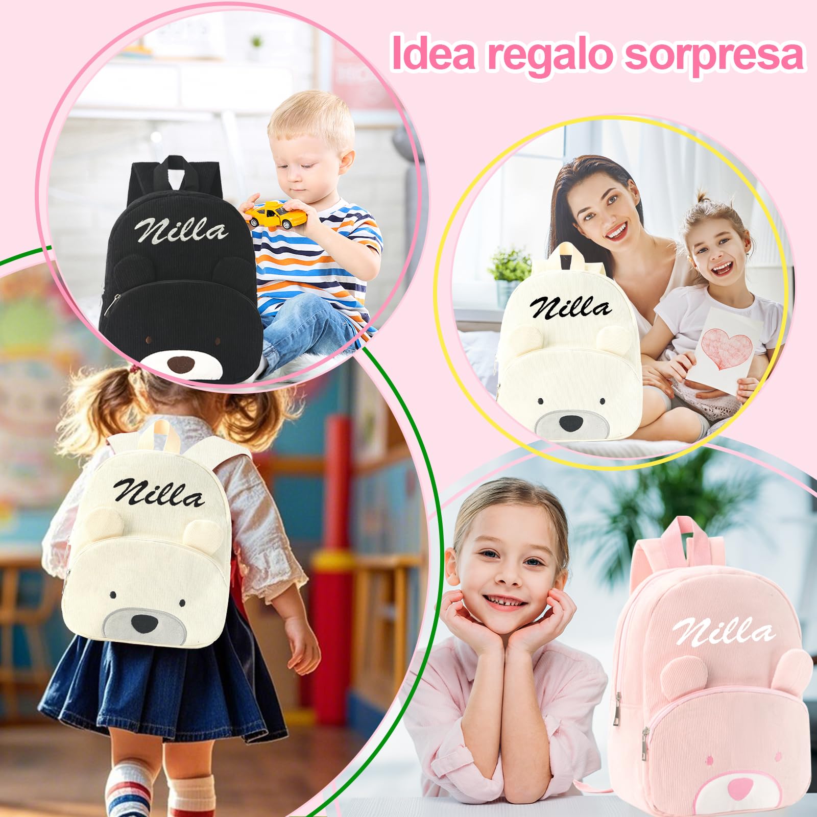 Generico Zainetto Asilo Bambino Personalizzato con Nome Ricamato, Zaino Velluto a Coste per Bambina e Bimbo, Scuola & Viaggi (Cachi)