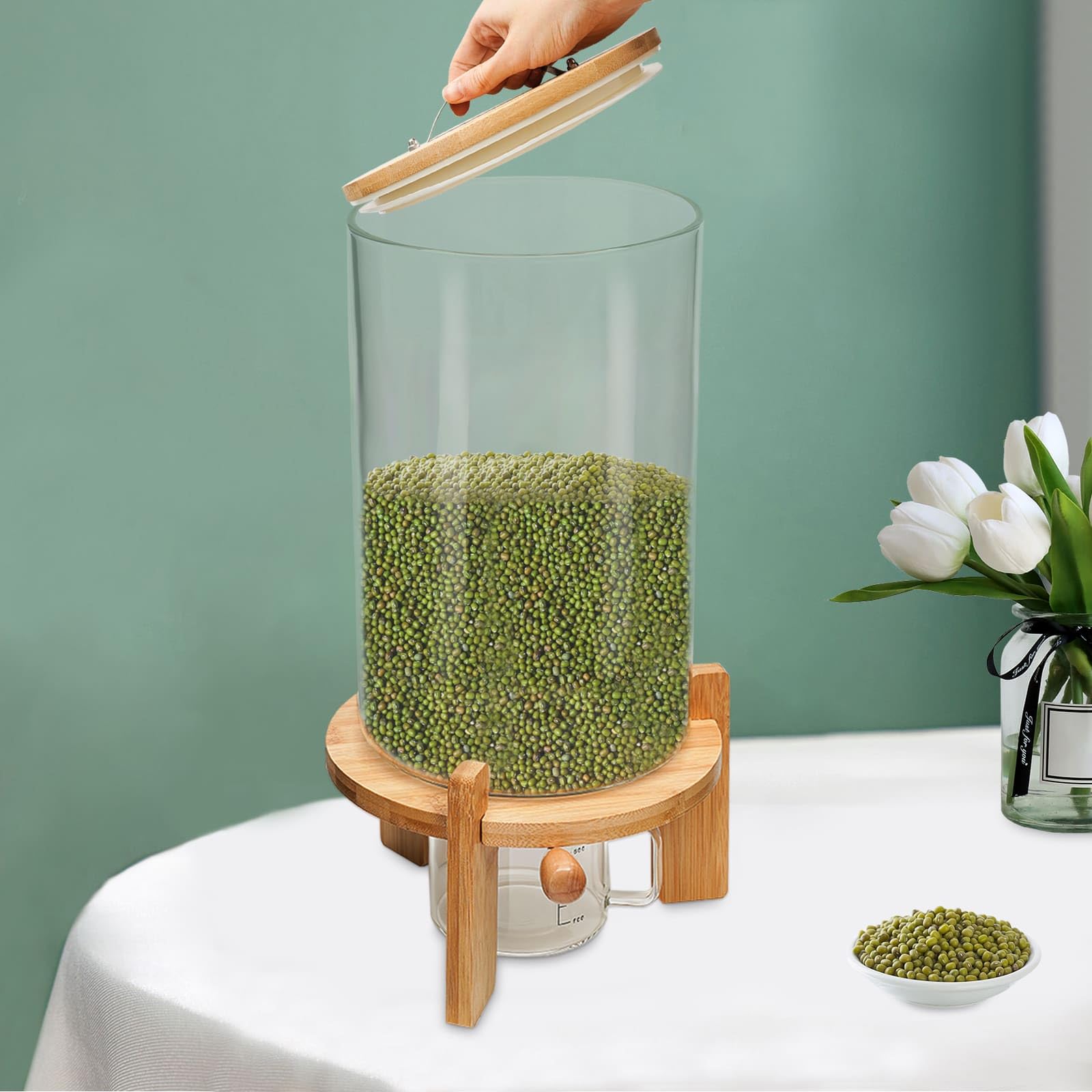 Distributeur de Riz 7,5L, Distributeur de Céréales en Verre, avec Tasse à Mesurer et Couvercle Hermétique, pour Riz, Farine, Noix, Céréale