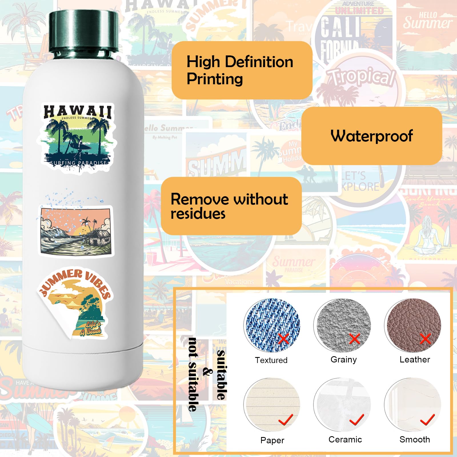 50 Pcs Beach Stickers - Waterproof Vinyl Hawaii Summer Decals For Water Bottles & Laptops