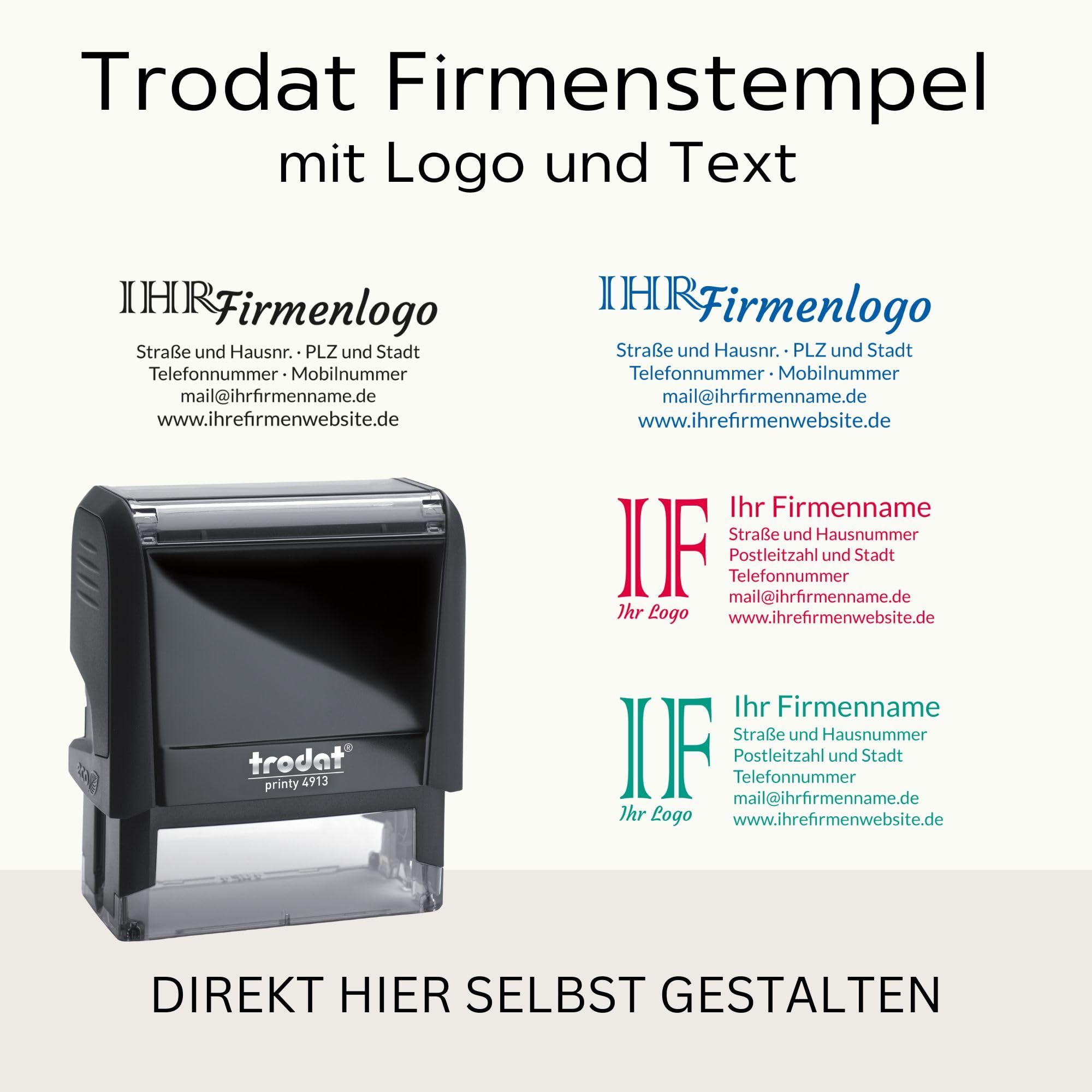 Trodat Firmenstempel mit Logo und Text – Printy 4913 Personalisierter Stempel inklusive Grafik und Wunschtext, Selbstfärbend, Abdruck 58 x 22 mm