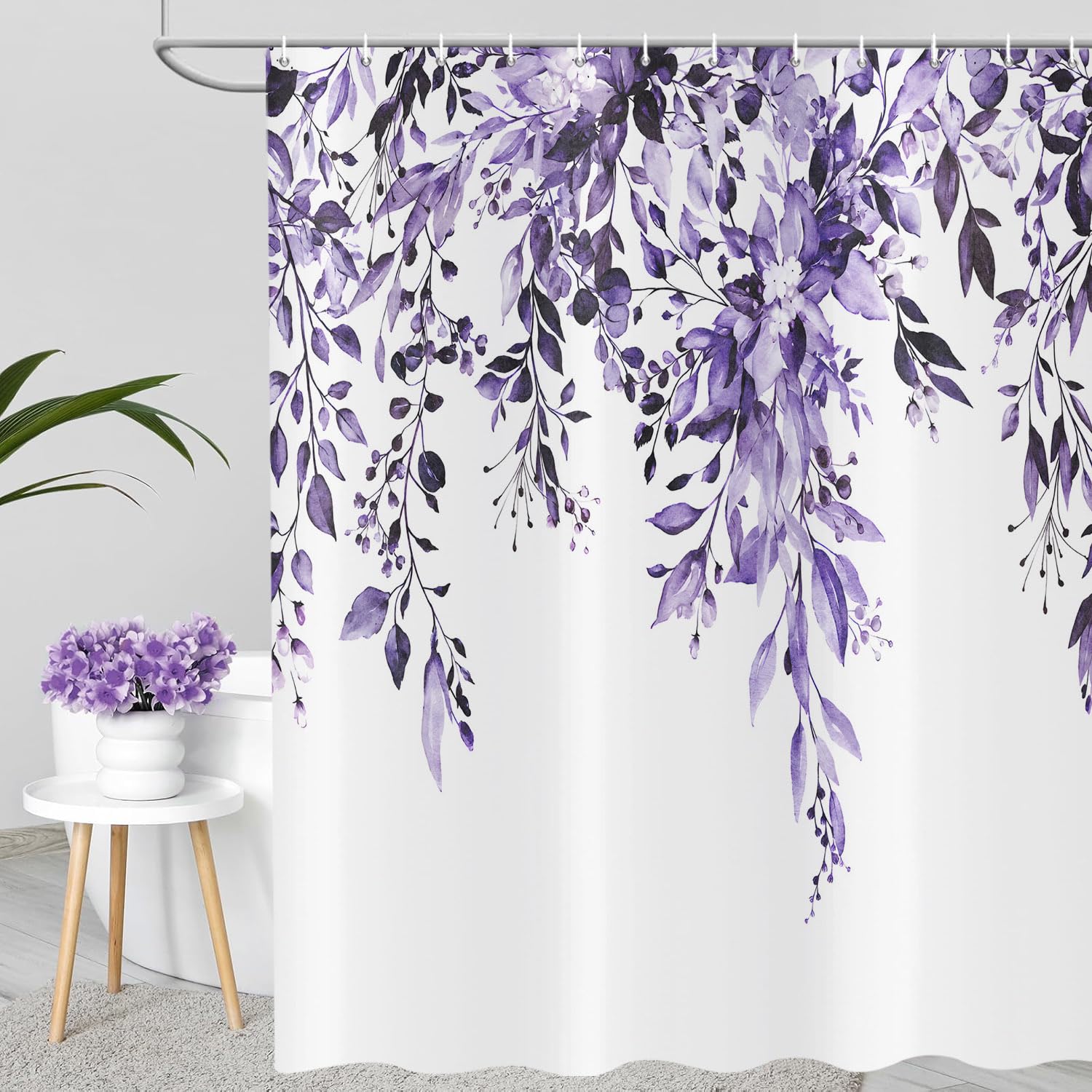 ASDCXZ Purple Eucalyptus Shower Curtain 180x240 cm, Spring Watercolor Eucalyptus Leaves Floral Plants Waterproof Bath Curtain Polyester Textile Washable Shower Curtains for Bathtub with 12 Hooks