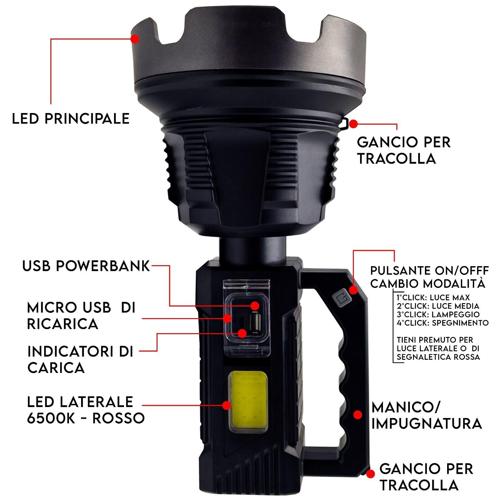 MAKA Torcia LED Professionale Ricaricabile Solare Treppiedi con Potenza Super Luminosa per Illuminare fino a 500 Metri Impermeabile Lunga Autonomia Powerbank Campeggio Escursioni ed Emergenze (3 Foot)
