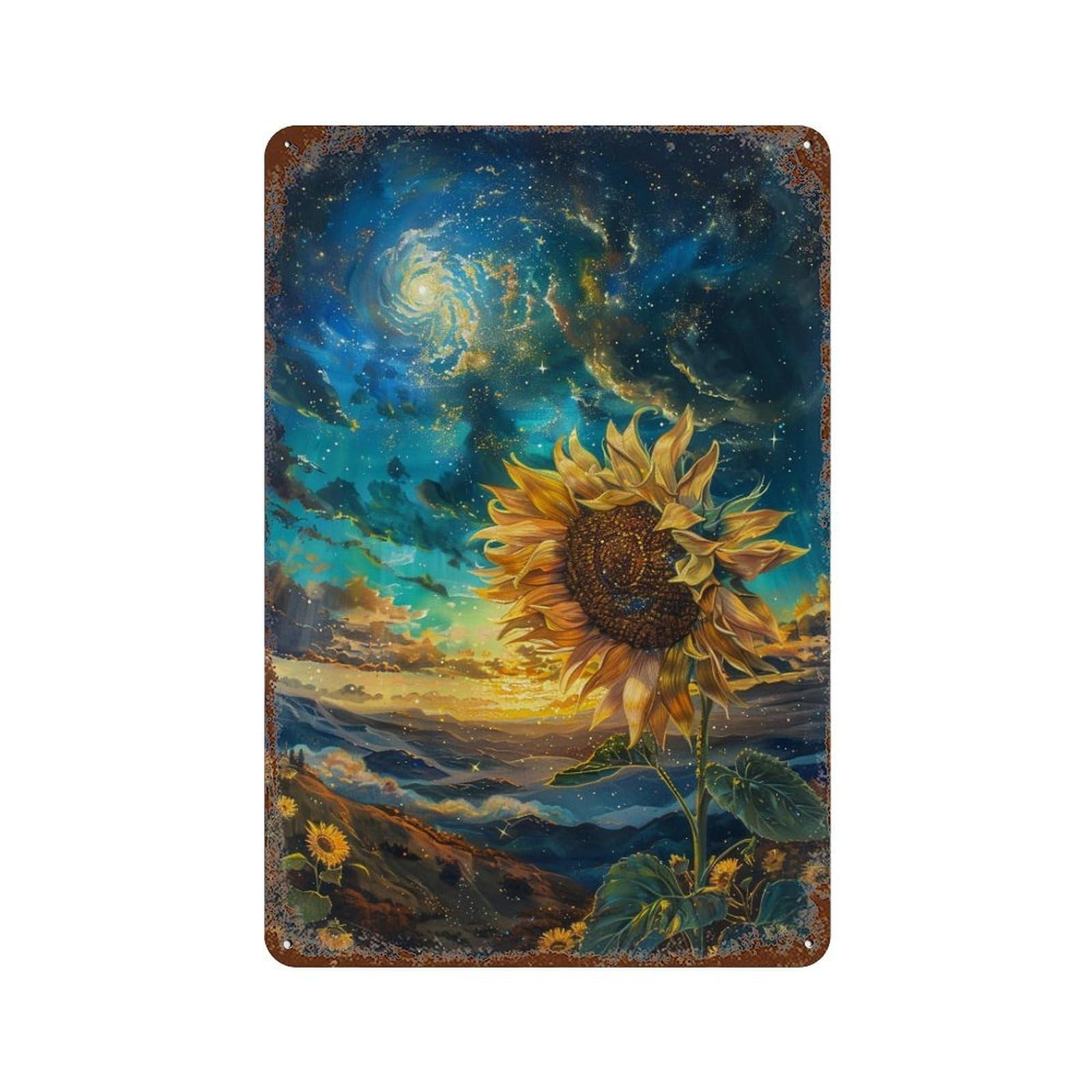 Cosmic Sunflower Landscape-1 Distressed Metal Wall Sign 11.8"x7.9", for Garage, Bar And Workshop Decor, Decorative Metal Wall Art