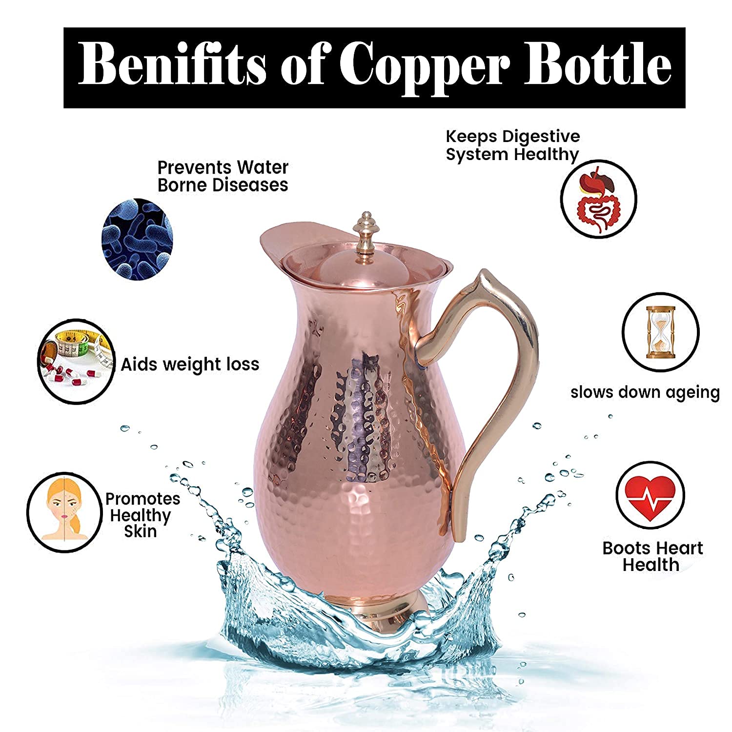 Dzbanek z czystej miedzi na wodę, miedziany dzbanek do ajurwedy, bez wewnętrznego wyściółki, miedziany dzbanek do picia, do Moscow Mule, koktajlu, 1,5 l (Design-2)