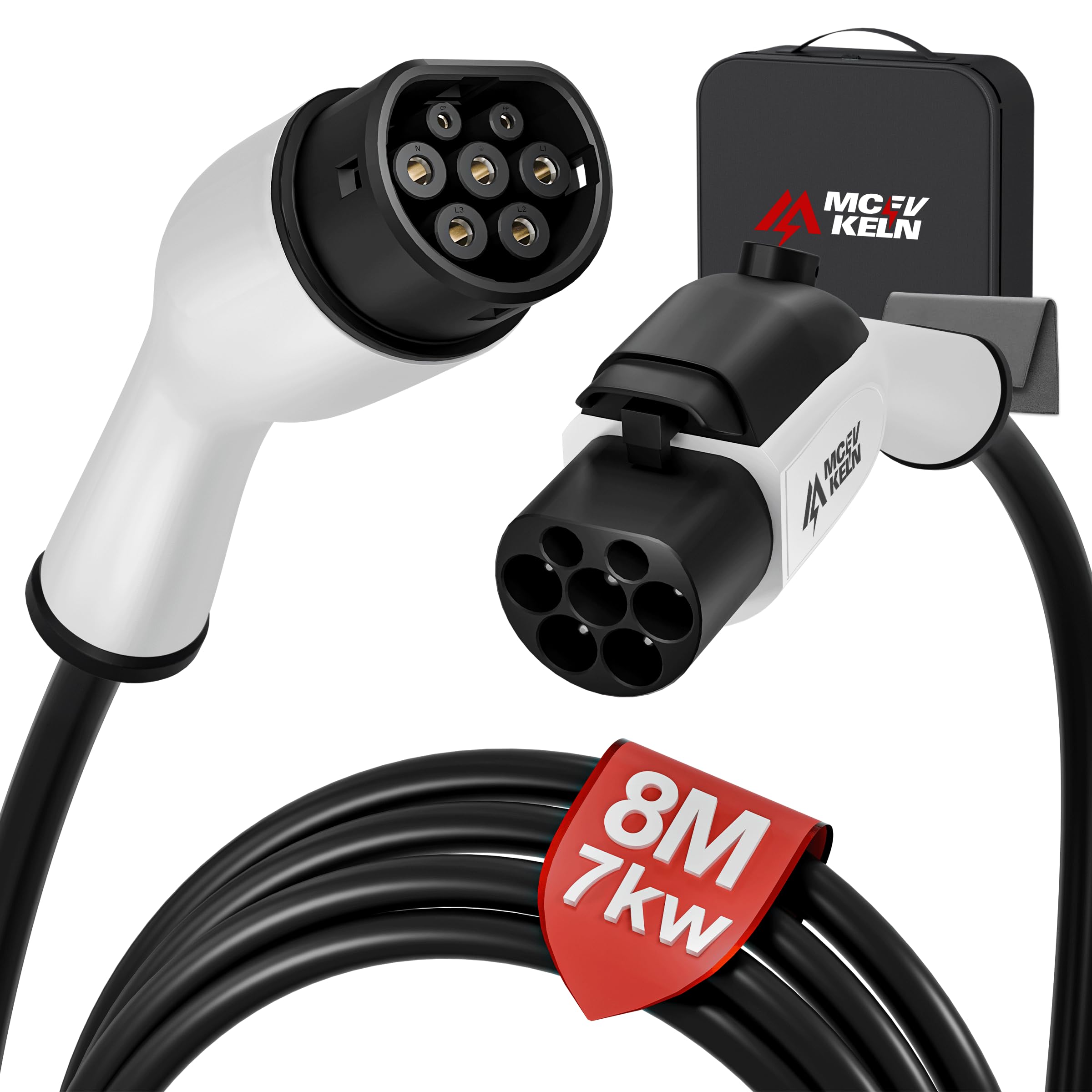 Prolunga per Cavo di Ricarica Veicolo Elettrico Tipo 2, 7 kW | 32 A, 1 Fase | Cavo di Prolunga da 8 m con Serratura per Auto Ibrida ed Elettrica IEC 62196-2, Cavo di Ricarica Tipo 2