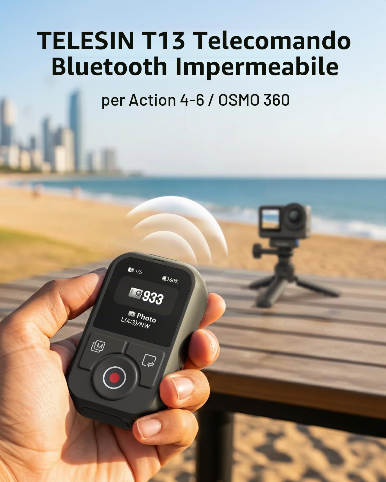 TELESIN Telecomando Bluetooth T13 per DJI Osmo Action 6/5 Pro/4 e Osmo 360, telecomando wireless per fotocamera HD a colori, 60 m di distanza, impermeabile, batteria 8H, controllo time-lapse video