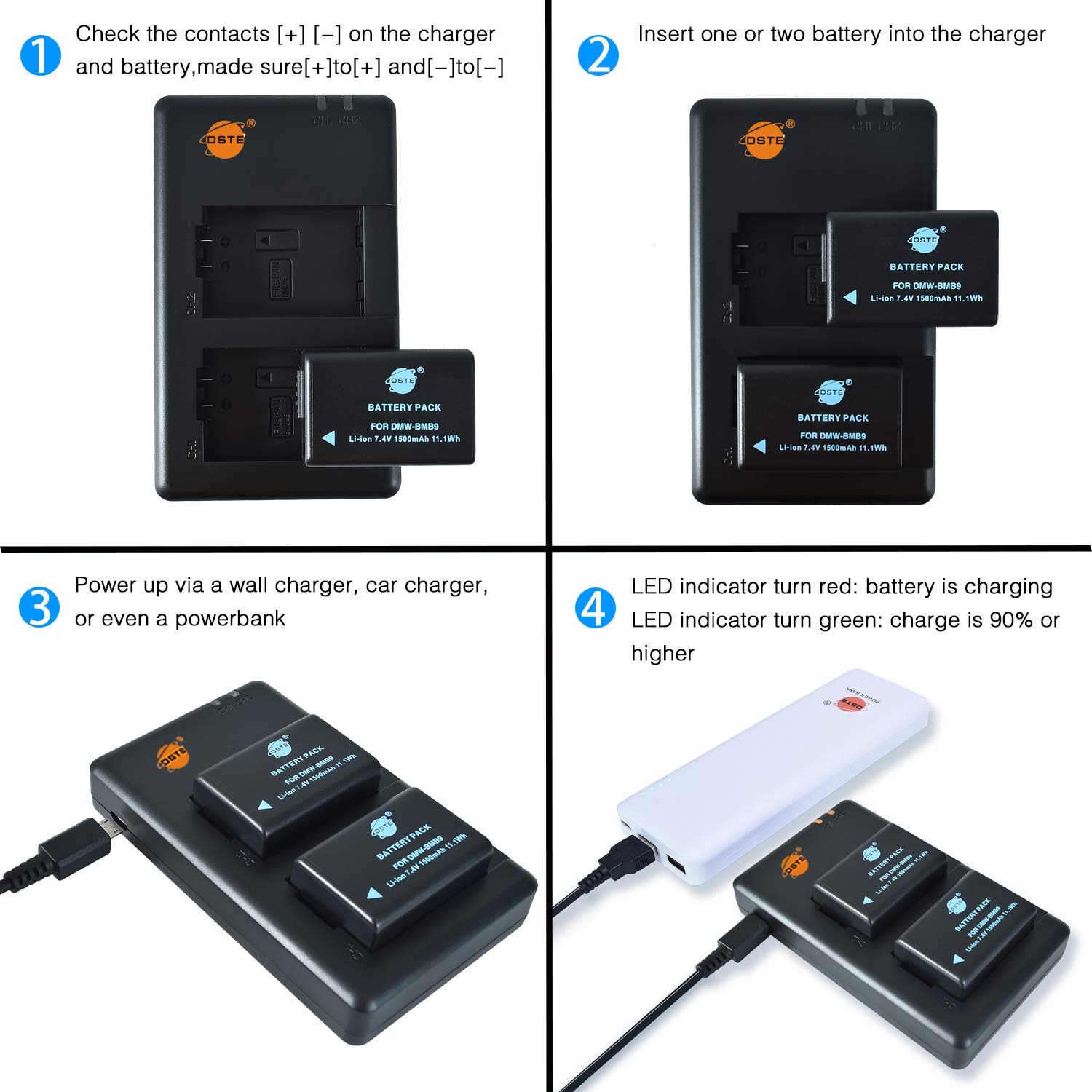 DSTE DE DMW-BMB9 BMB9E - Batería recargable de repuesto y cargador dual compatible con cámaras Lumix DMC-FZ150, V-Lux2, V-Lux3, Leica BP-DC9, DC-FZ80, DC-FZ82, V-Lux2, V-Lux3, etc