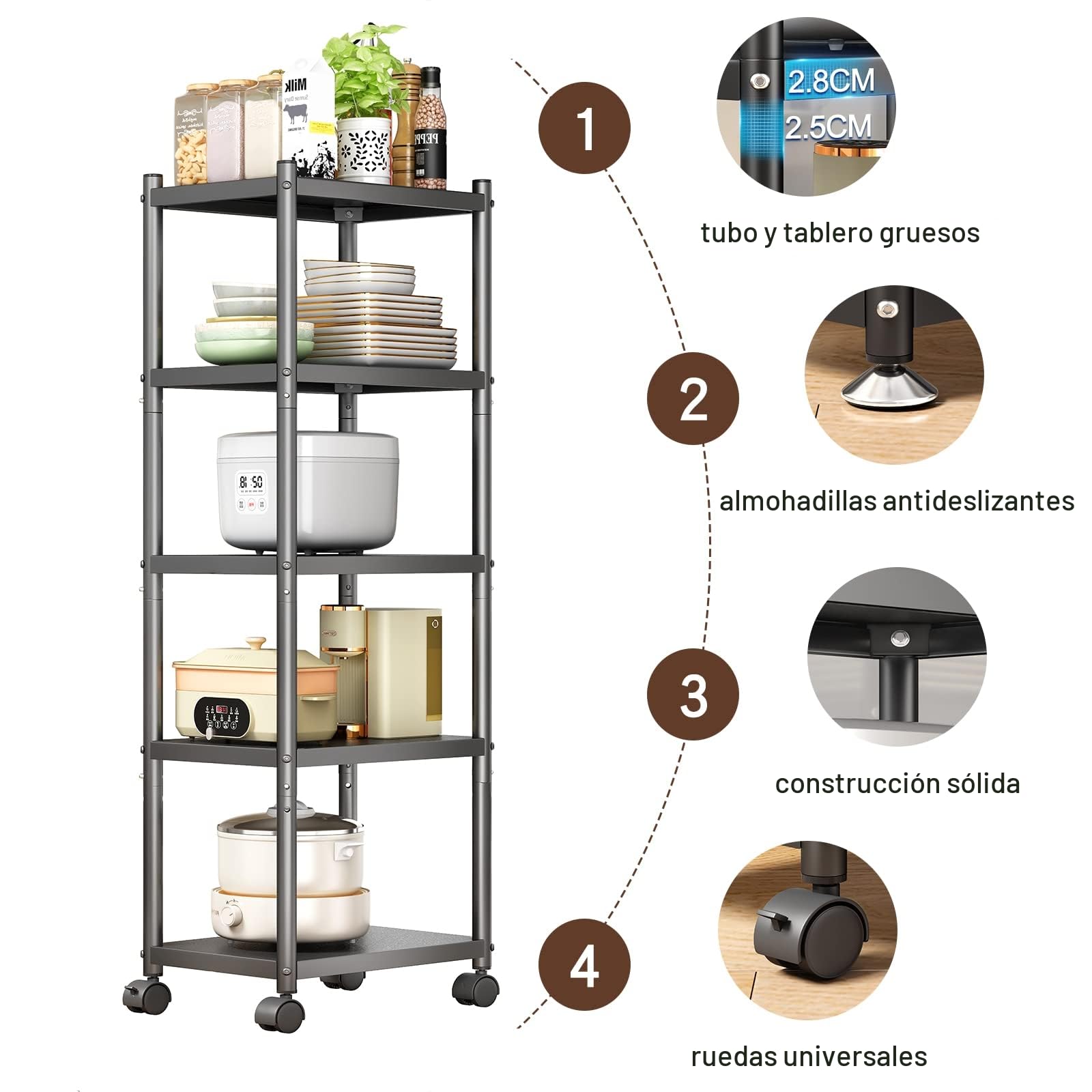 SAYZH Estanterias Almacenaje, Estantería de Metal Resistente de 5 Niveles, Estanteria Altura Ajustable Cocina con Ruedas y Patas Antideslizantes para Garaje, Cocina, Sala de Libros, Esquina, Negro