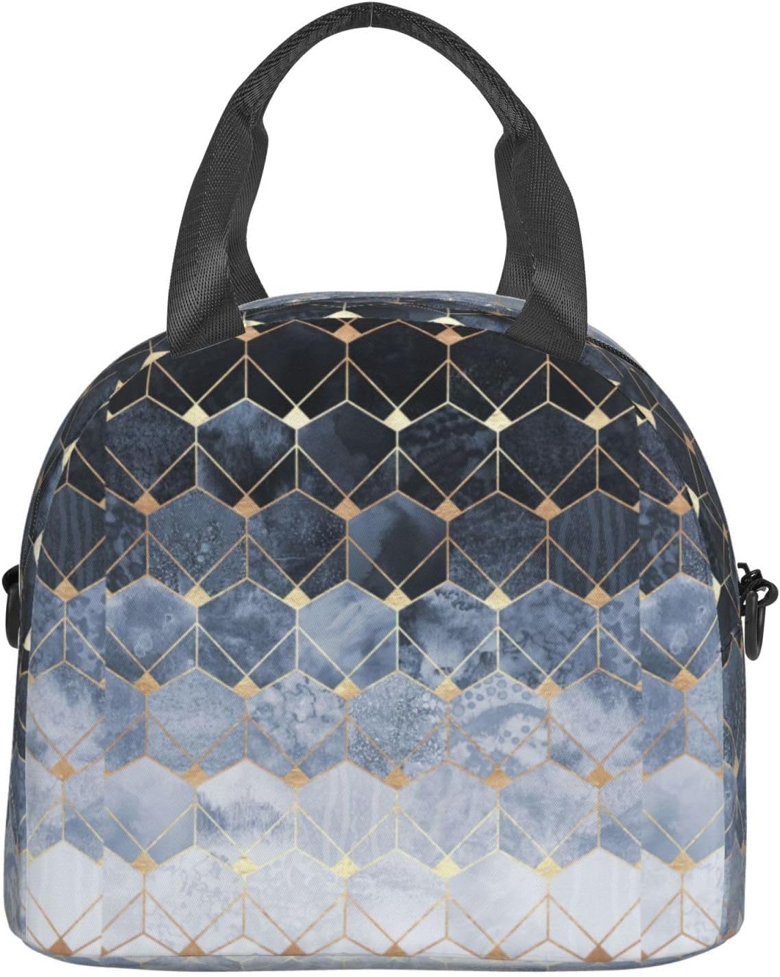 Blue Hexagons and Diamonds Print Reusable Lunch Bag Insulated Lunch Boxes for Office Work Picnic Tote Bag Adjustable