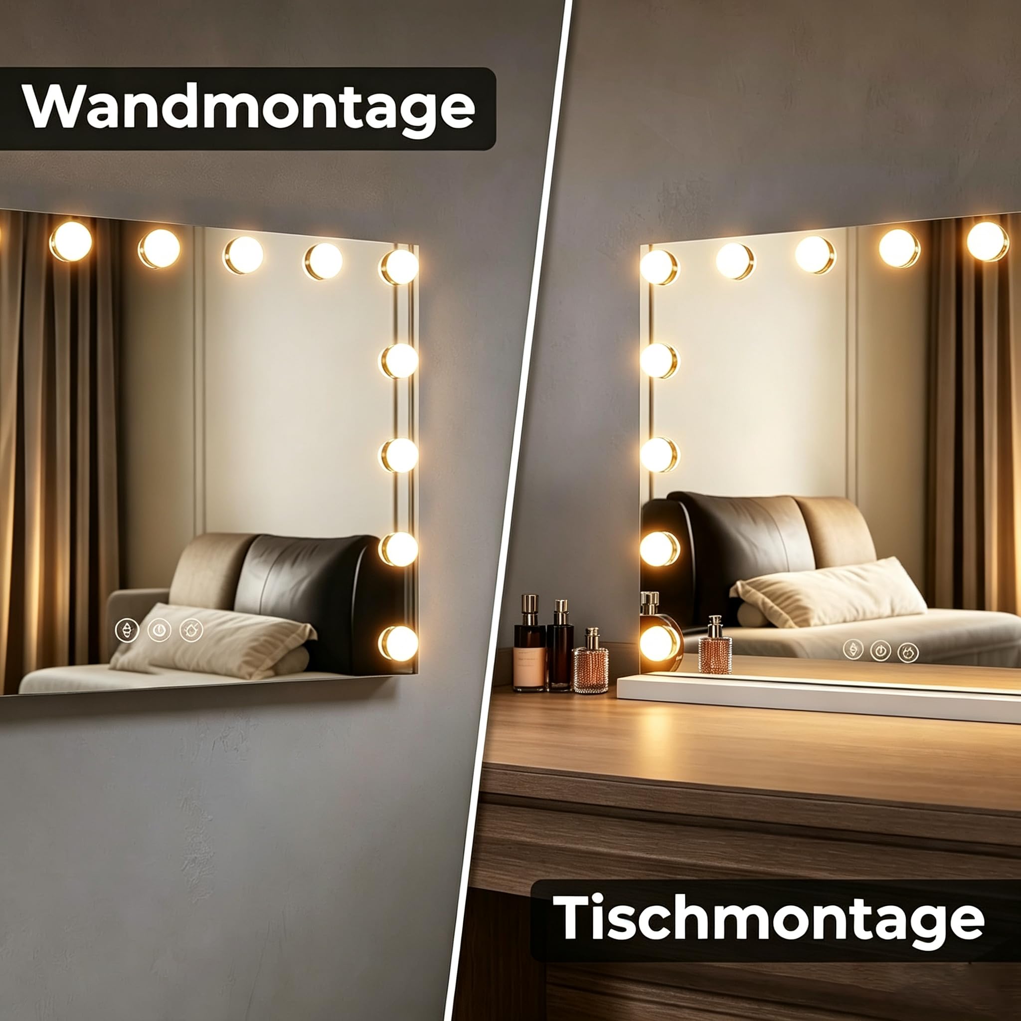 Specchio da trucco con illuminazione, 58 x 45 cm, Hollywood, con 15 lampade, Bluetooth, 3 modalità di illuminazione, interruttore touch, porta di ricarica USB