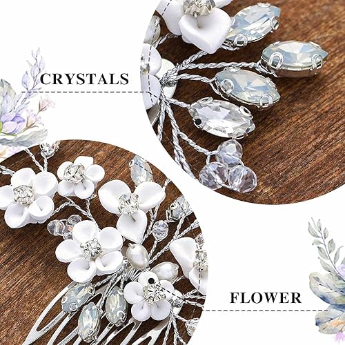 Miniatura 3 de Unicra Peine de pelo de novia plateada con flores para novia, accesorios para el cabello con diamantes de imitación brillantes, joyería para mujeres