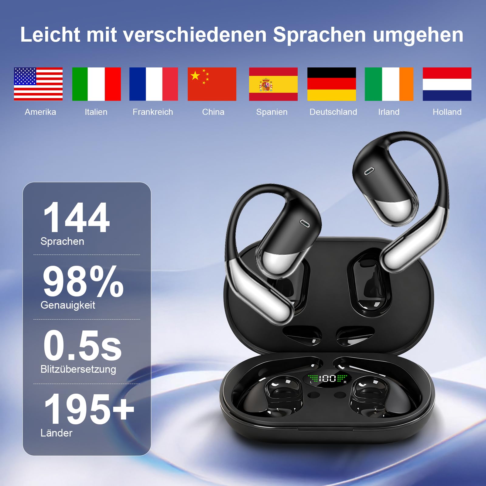 AI Übersetzung Ohrhörer Echtzeit, Übersetzer Kopfhörer 164 Sprachen, Audifonos Traductores Inglés Español, Übersetzungsgerät für Reise Business Learning