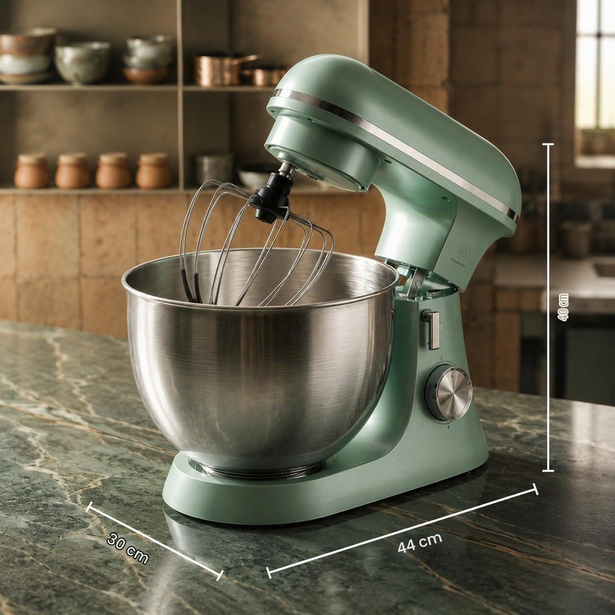 Royal Swiss Professional Pastry Processor - 2000W 8.5L Mint Green - Professional Planetary Kitchen Processor - Large Capacity Electric Kneader with 304 Stainless Steel Bowl - 6 Speeds - Hook, Whisk & Beater