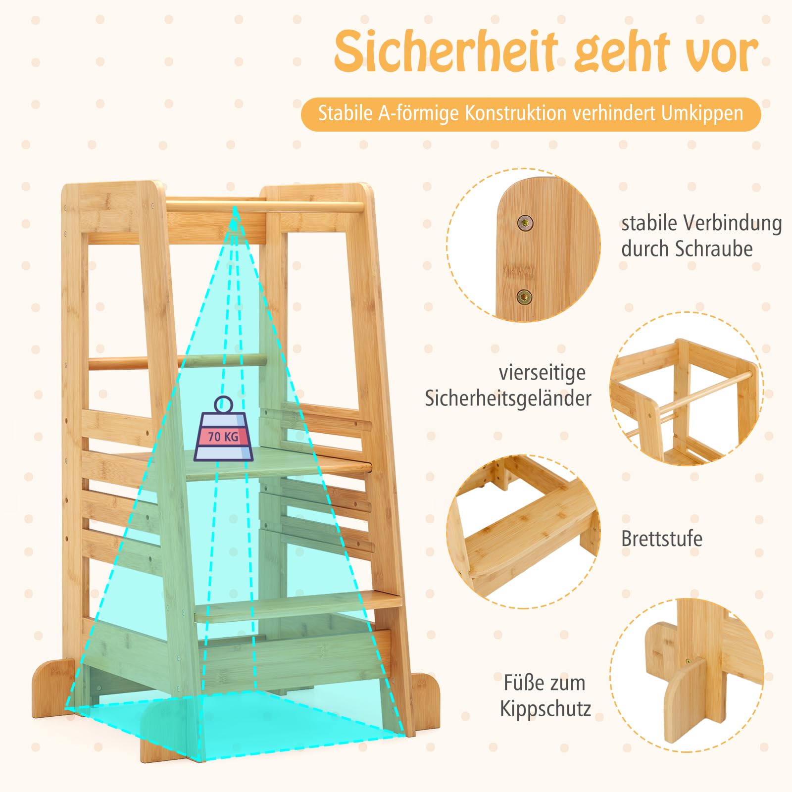COSTWAY Wieża edukacyjna dla dzieci z bambusa, taboret do stąpania Montessori z 4 regulowanymi wysokościami i balustradami bezpieczeństwa, drabinka do obciążenia do 70 kg, stołek dla dzieci od 1 roku