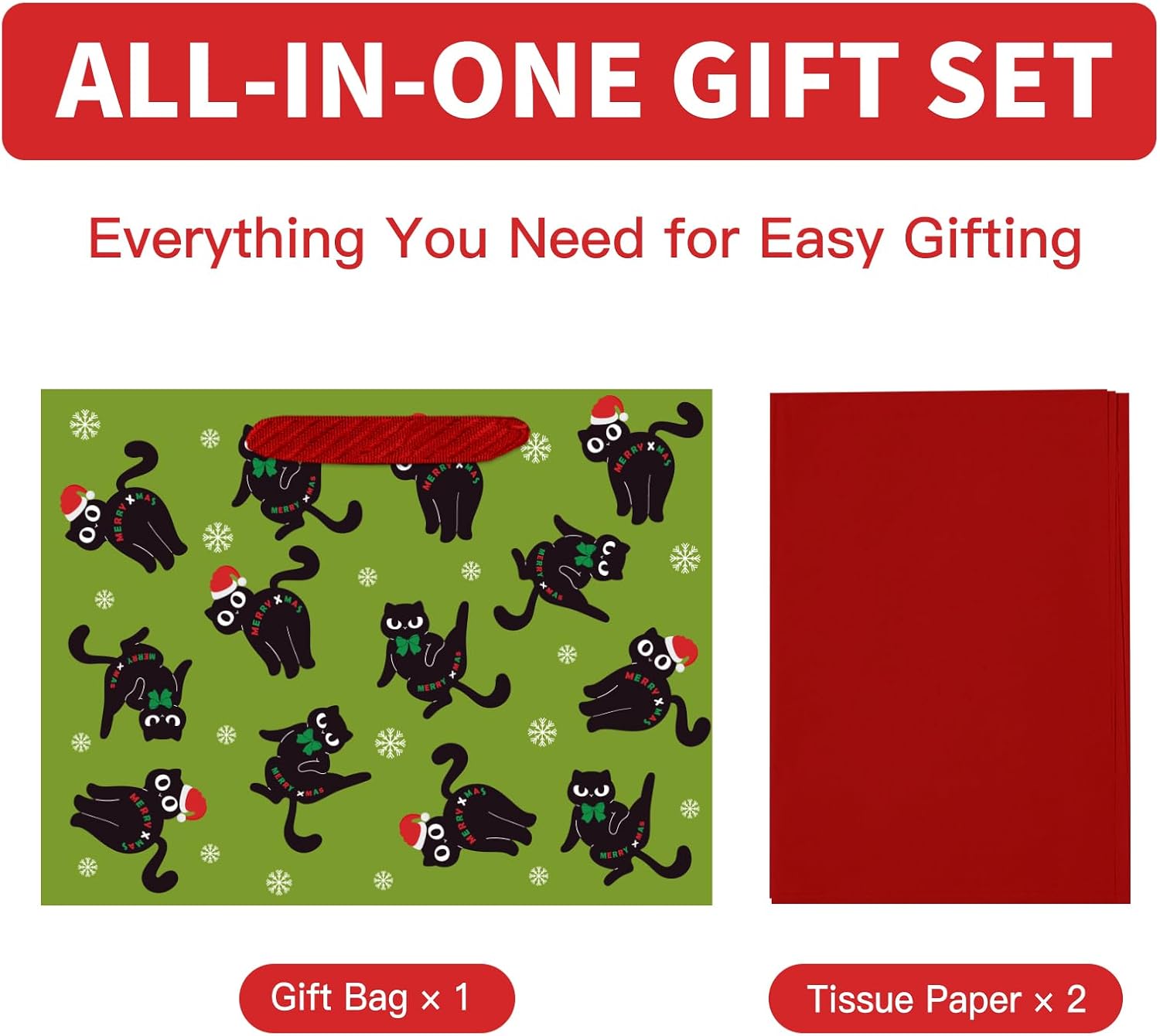 Loveinside 13" Large Christmas Cat Gift Bag, Green Black Cat & Snowflake Design Gift Bag with Tissue Paper for Kids Girls, Pet Lovers, Friends, Family, Holiday Party Favors, 13" x 5" x 10", 1 Pcs image 3